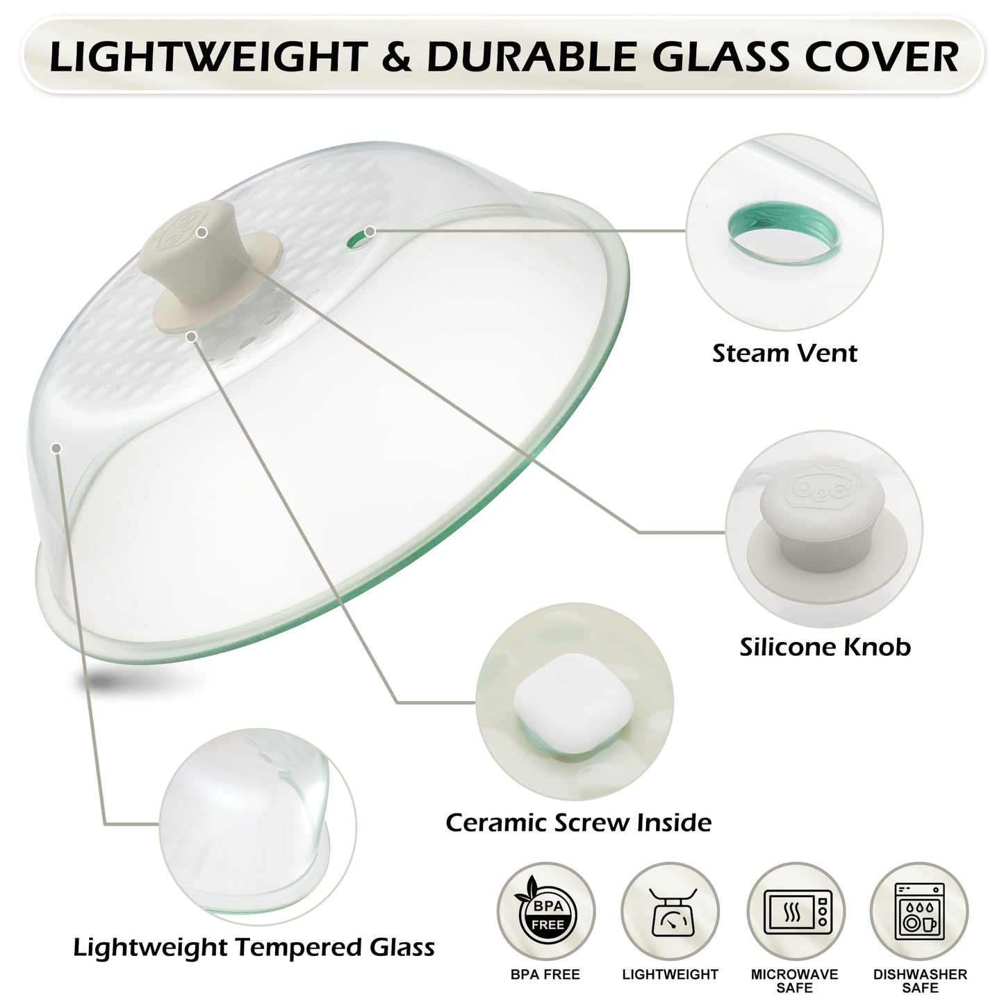 OEC Lighter Weight Tempered Glass Microwave Splatter Cover - 11.5 inch (Inner Diameter 10.6”) - Heat-Resistant -Durable Glass Lid with Vent, Silicone Knob, Dishwasher Safe, 100% Food Grade - BPA Free