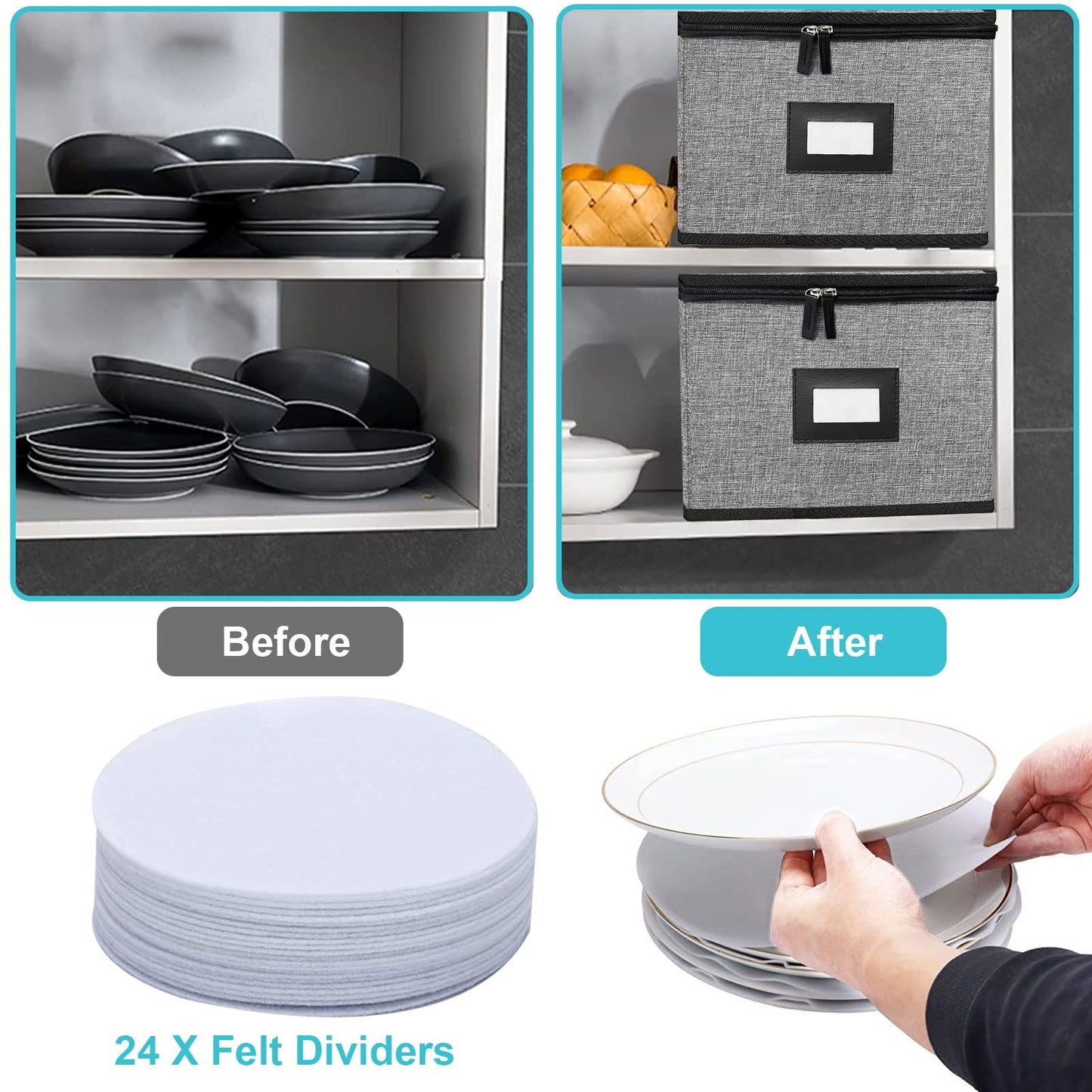 ouruer China Storage Containers-Quilted Dish Storage Containers with Lid Hard Shell for Moving Transport, Dinnerware Storage,Stackable Plate Storage,24 Felt Plate Dividers Included,2PACK 12*12*8in