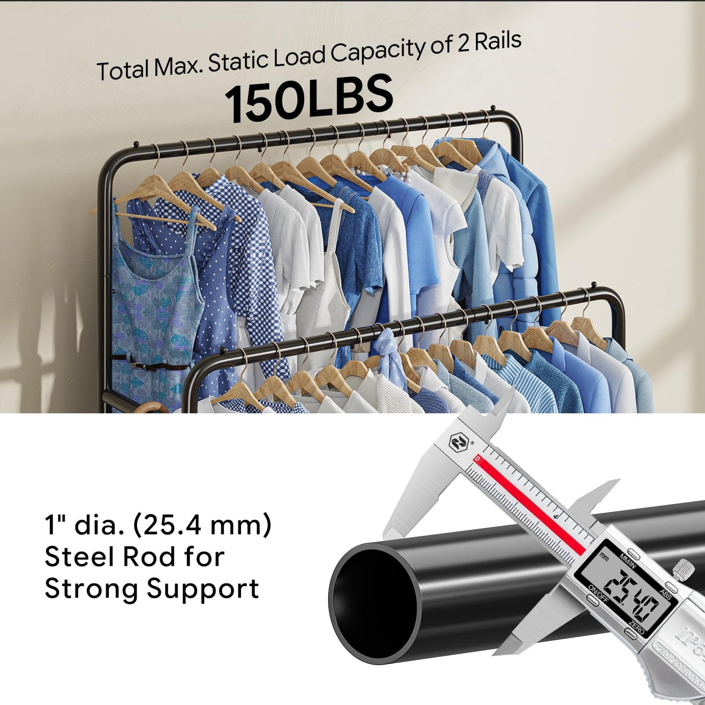 Simple Trending Clothing Clothes Rack Double Rods with Wheels, Rolling Metal Garment Rack for Hanging, Black