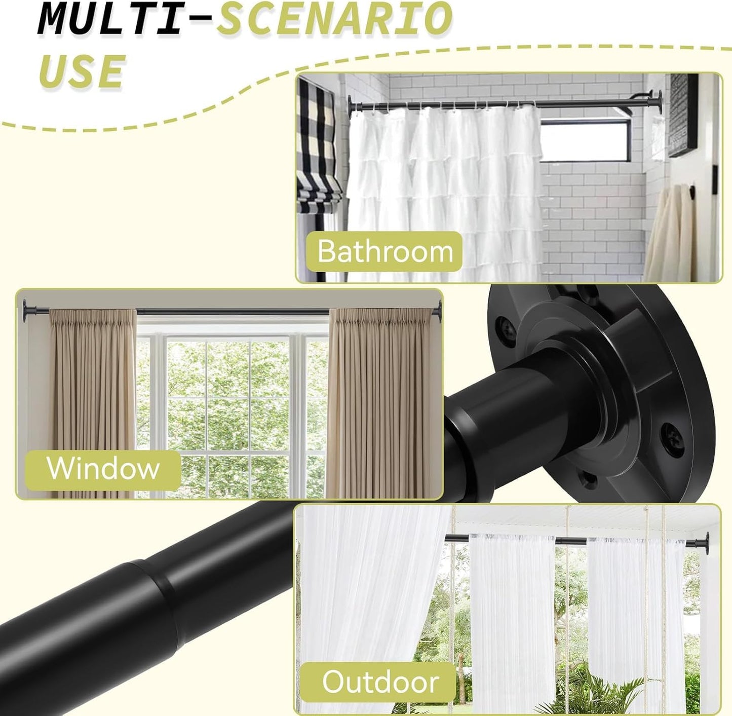 VIOREMOS Tension Curtain Rod 31 to112 In Extra Long Curtain Rod Adjustable Pole Heavy Duty Spring Matte Black Shower Curtain Rod for Bathroom Windows Room Divider Never Rust Anti-Slip