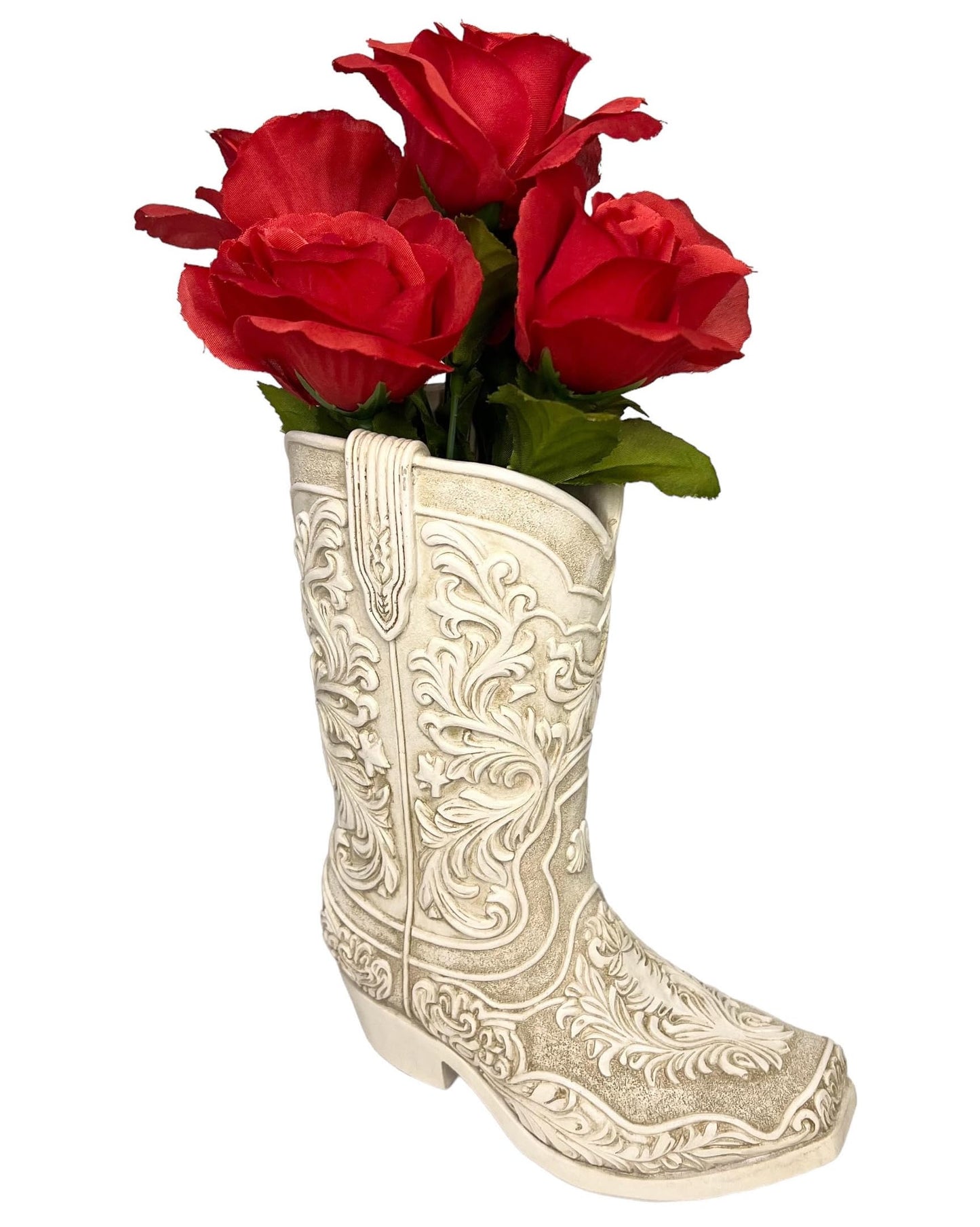 Cowgirl Boot Flower Vase – 9” Tall Antique White Finish with Intricate Tooled Leather Detailing - Decorative Western Cowboy Modern Rustic Decor