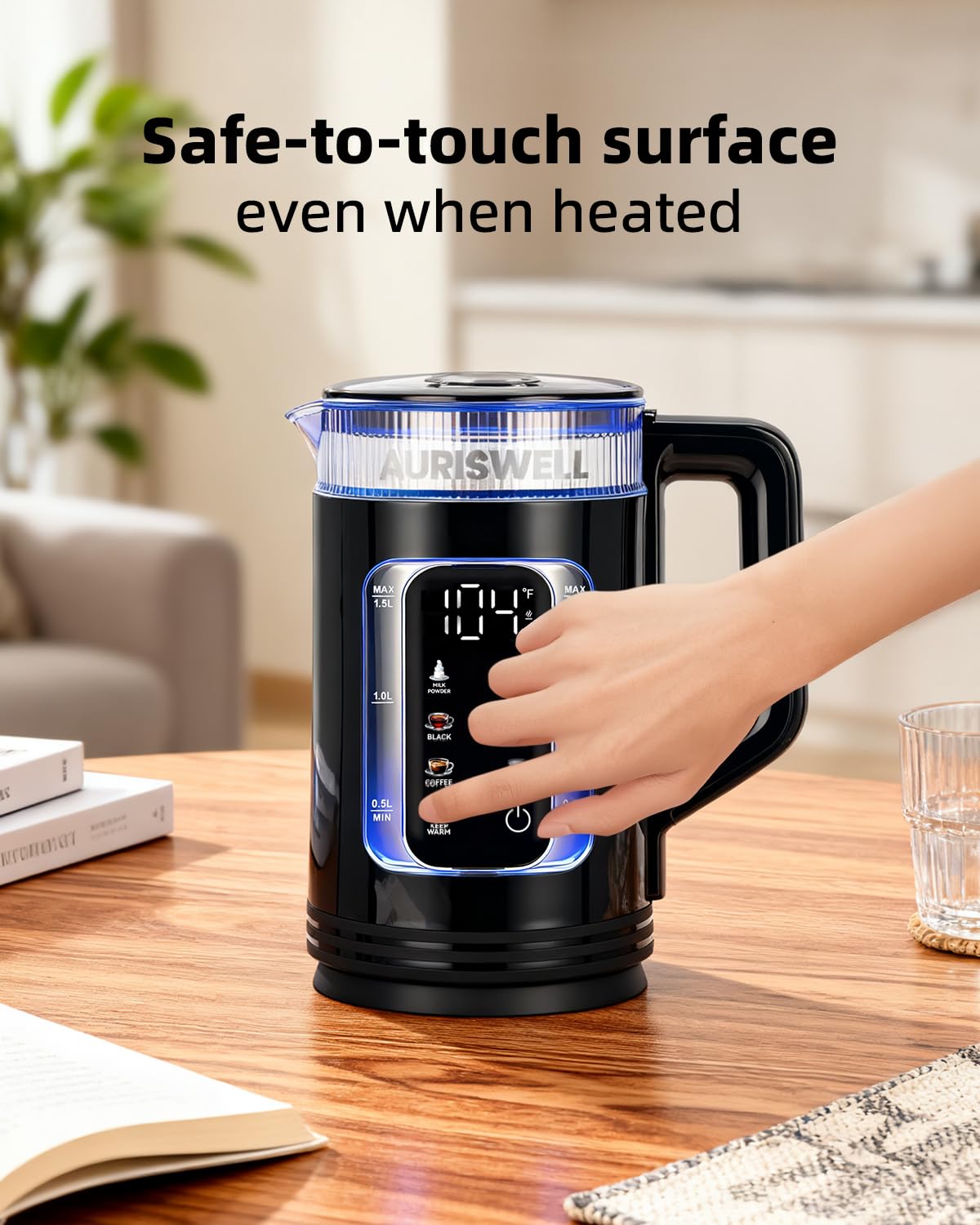 Auriswell Electric Tea Kettle with Temperature Control, Glass smart Water Boiler for Tea, Coffee & Boil, Automatic Shut Off, 12h Keep Warm & One-Touch 6 Presets