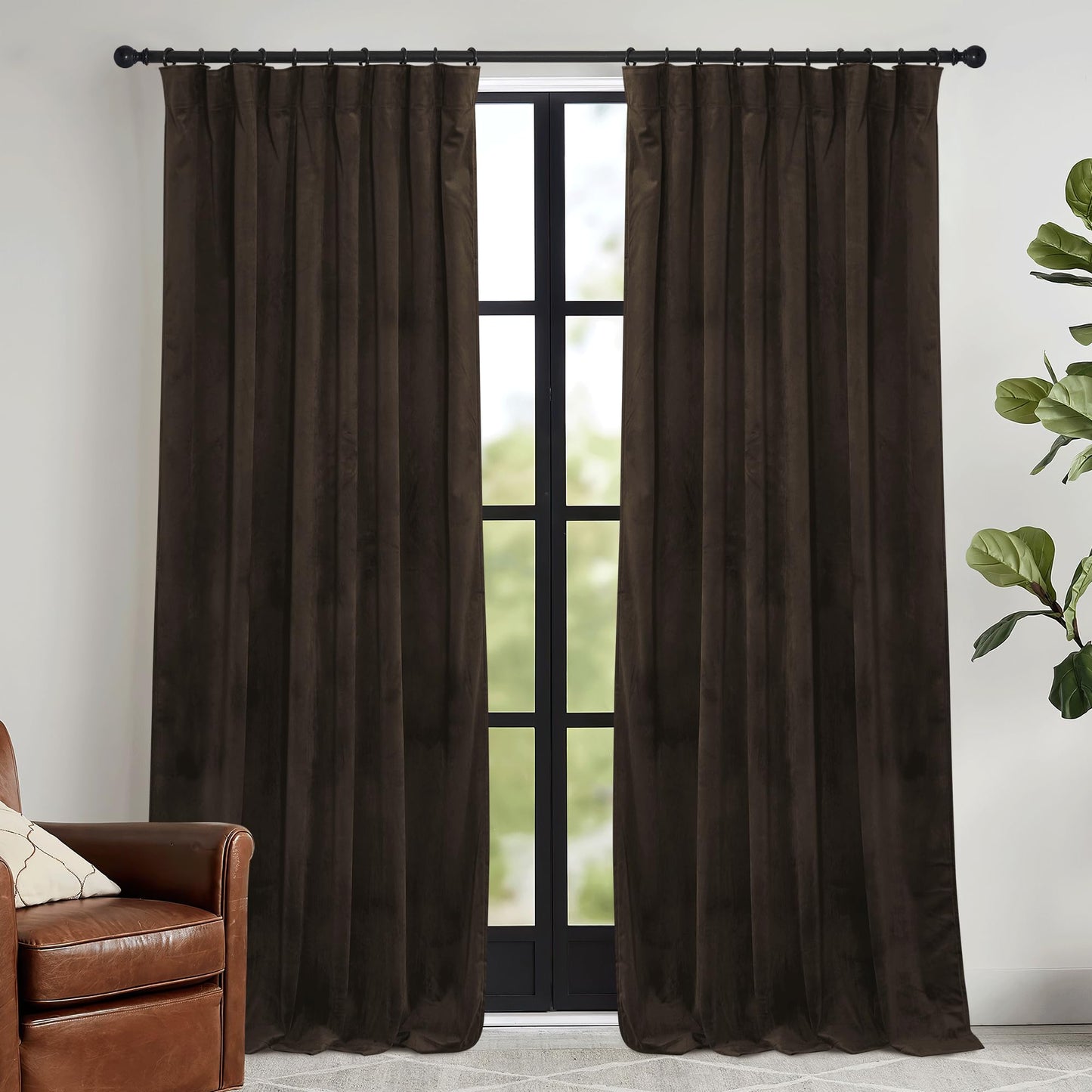 RYB HOME Brown Blackout Curtains 84 inches Long Velvet, Room Darkening Thermal Insulated Drapes with Hook Belt for Bedroom Home Theater, W 52 x L 84 inches, 2 Panels Set