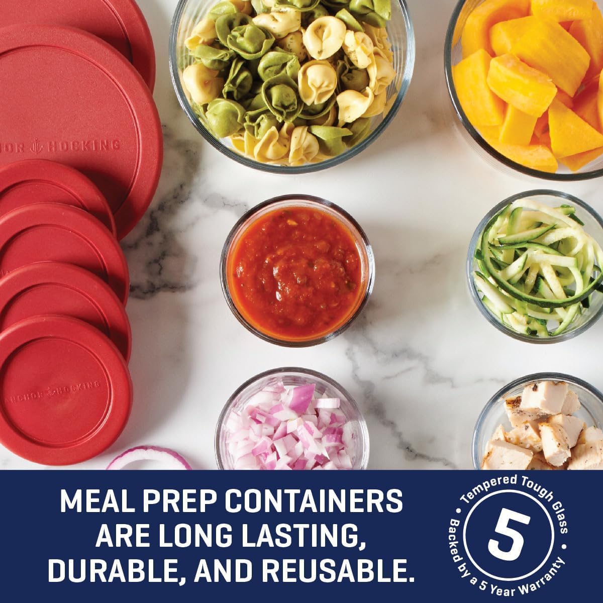 Anchor Hocking 12 Piece Glass Storage Containers with Lids (6 Glass Food Storage Containers & 6 Red SnugFit Lids)