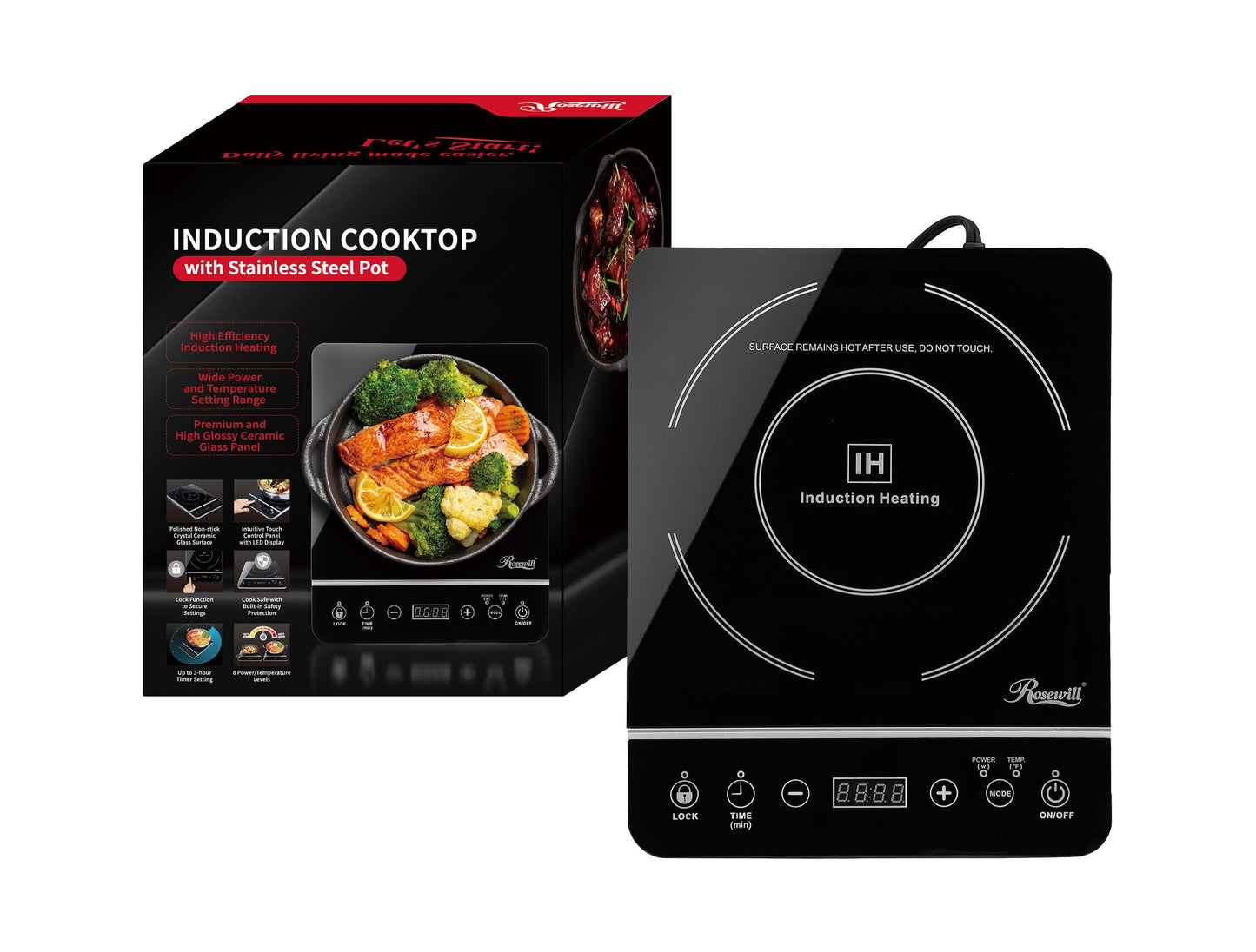 Rosewill Induction Cooker 1800 Watt, Induction Cooktop, Electric Burner with Stainless Steel Pot 10" 3.5 QT 18-8, RHAI-13001
