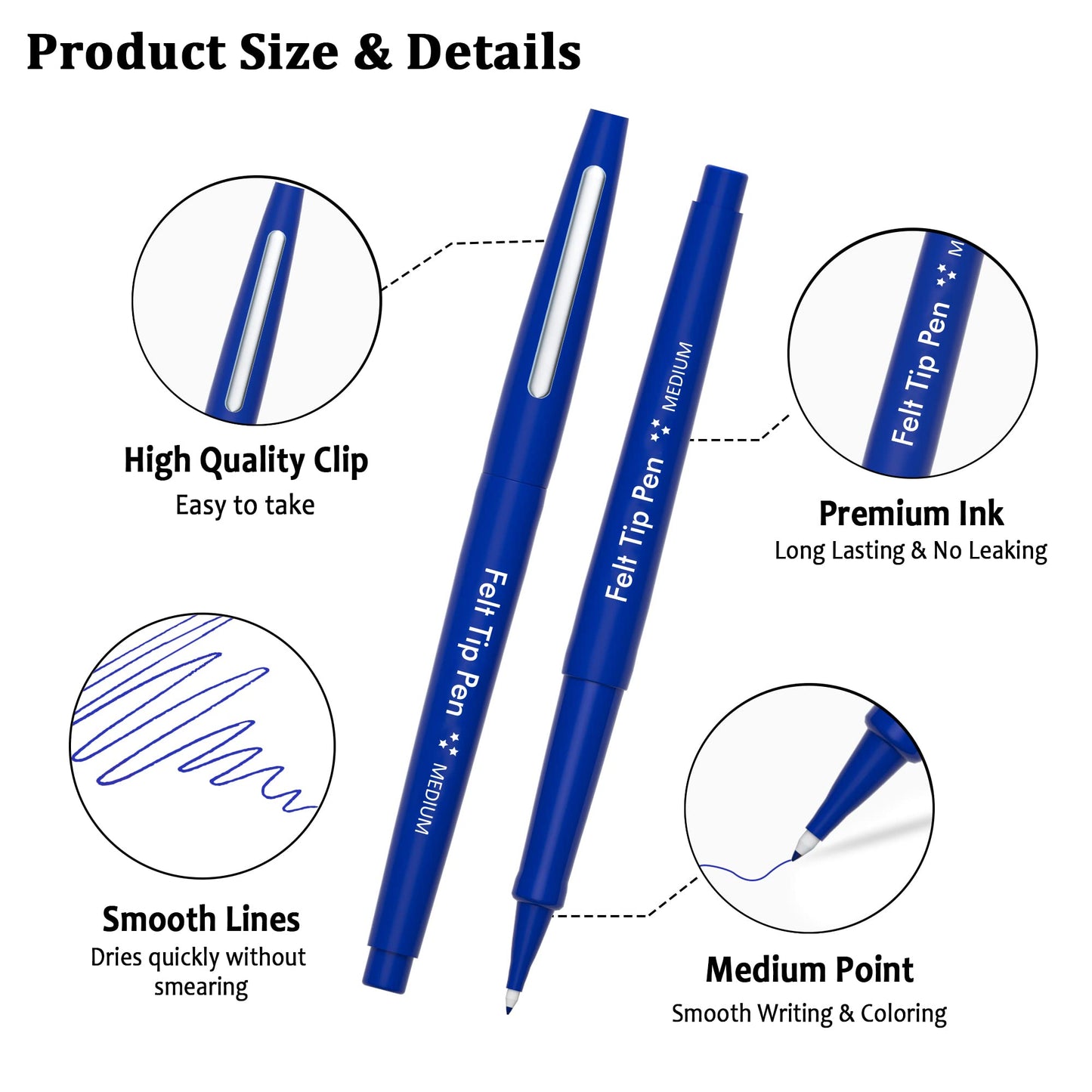 Lelix Felt Tip Pens, 60 Blue Pens, 0.7mm Medium Point, Felt Tip Markers Pens for Journaling, Writing, Note Taking, Planner, Perfect for Art Office and School Supplies