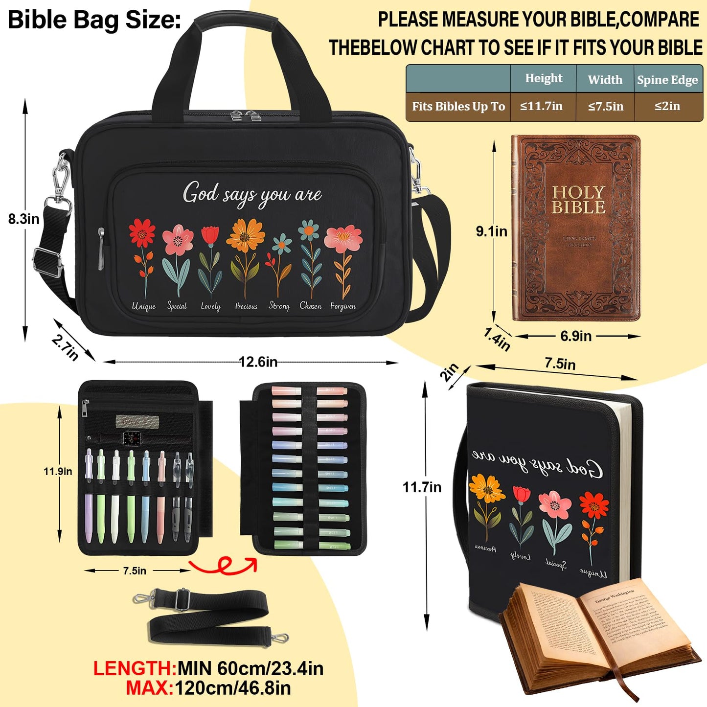 WOHAXAHOW Large Bible Bags for Women Organizer with Bible Cover Case, Bible Cover Study Supplies Bible Journaling Kit Book Carrying Case with Bible Highlighters Tabs, Christian Gift for Women Mom