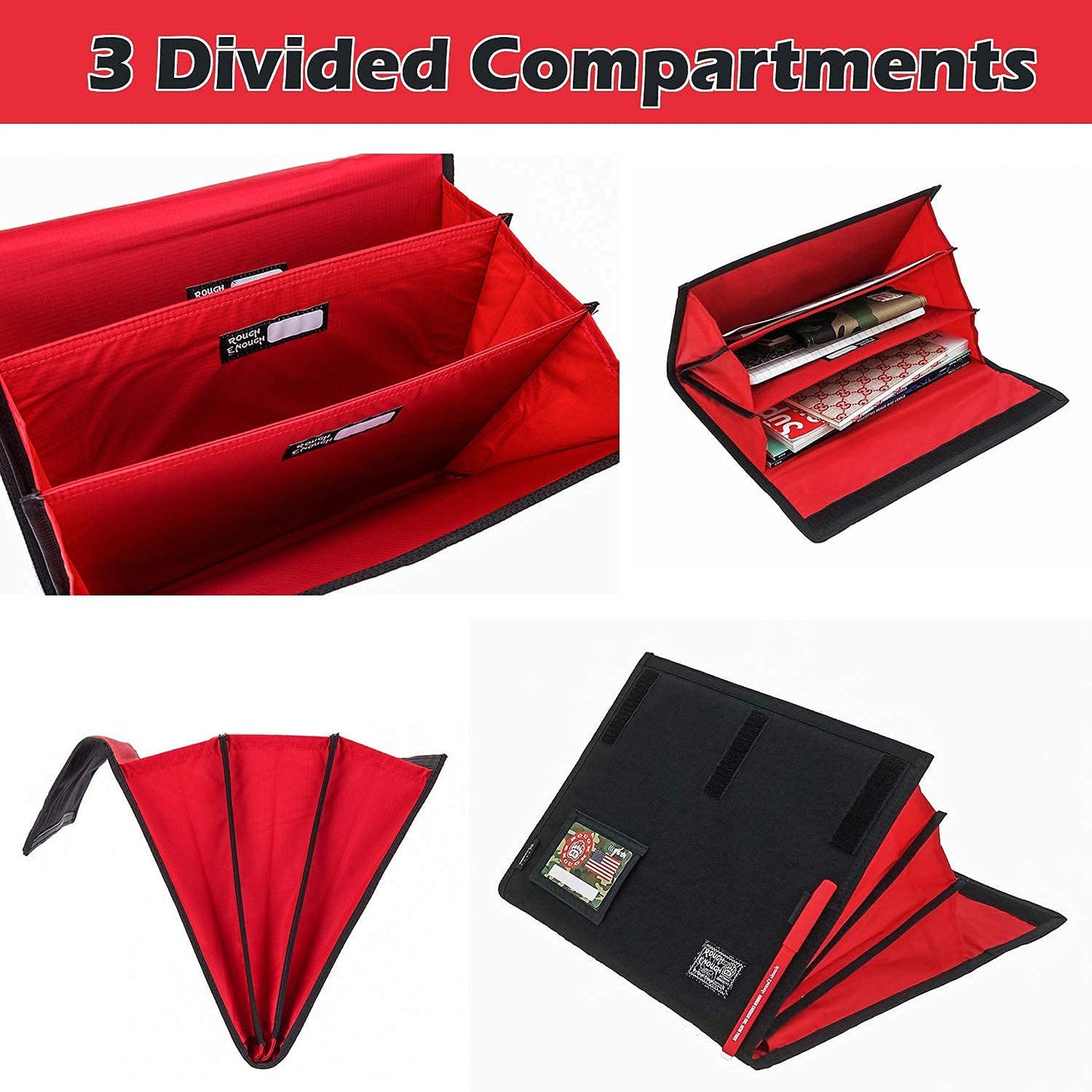 Rough Enough Expanding File Folder, 13x10 Inch Water Resistant Accordion Document Organizer with 3 Dividers, Portable Cordura Portfolio for Office Travel Home, Black