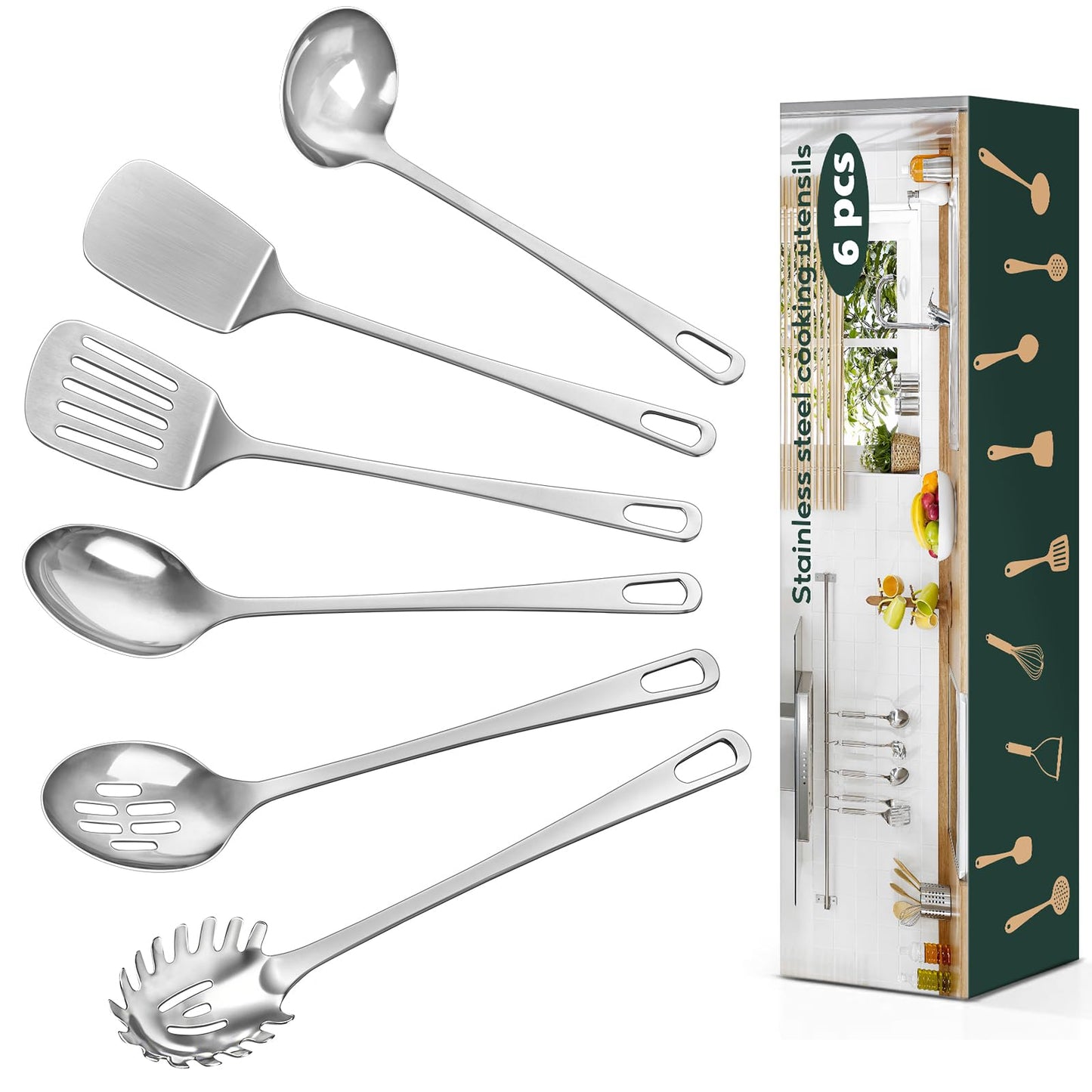 6 Pcs Cooking Utensils Set, Stainless Steel Kitchen Utensils, Heat Resistant Metal Kitchen Tools Include Solid & Slotted Turner Wok Spatula, Serving Spoon, Ladle, Pasta Server, Easy to Clean, Silver