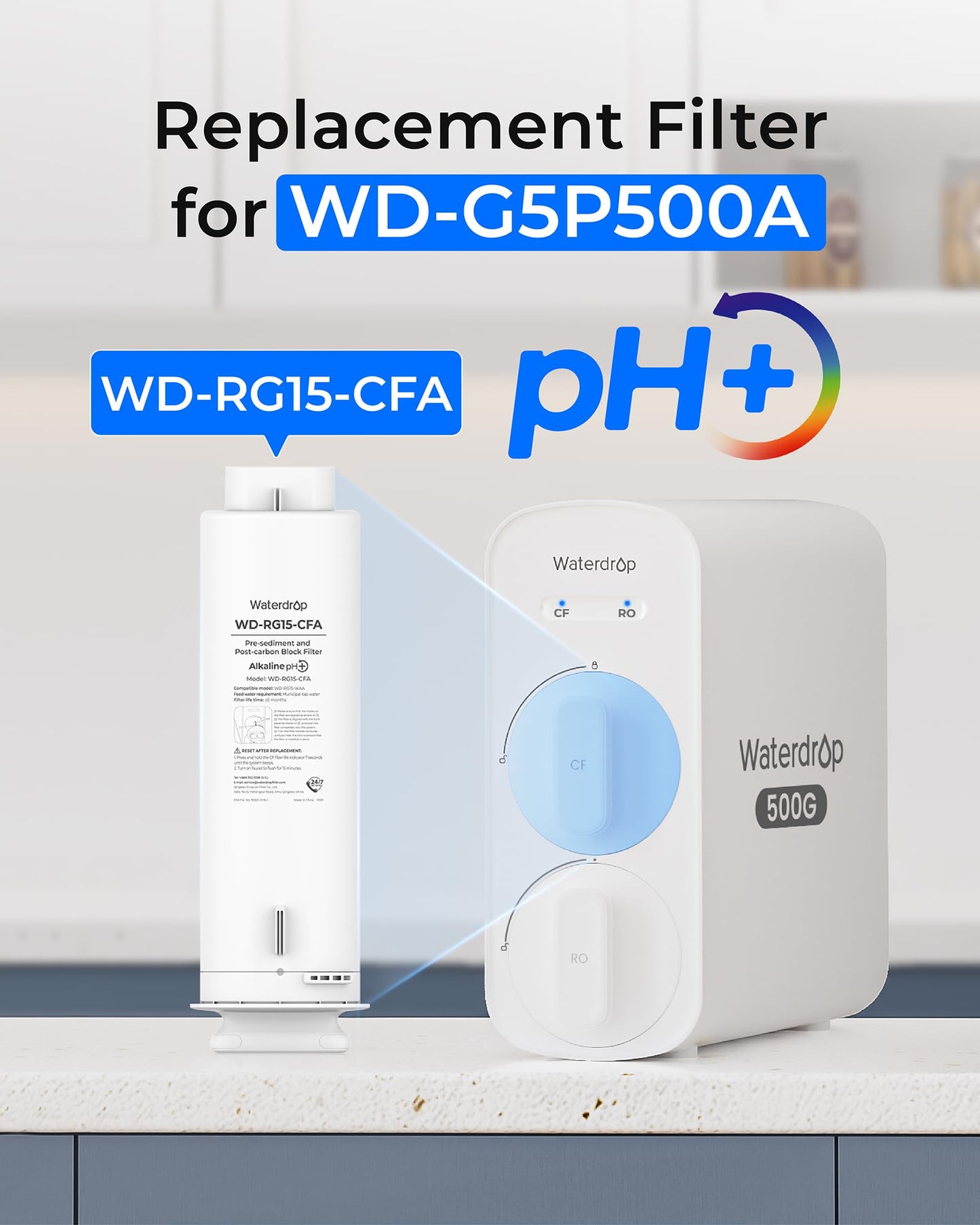 Waterdrop G5P500A-CF Filter, Replacement for Waterdrop G5P500A Undersink Reverse Osmosis System, 6-month Lifetime