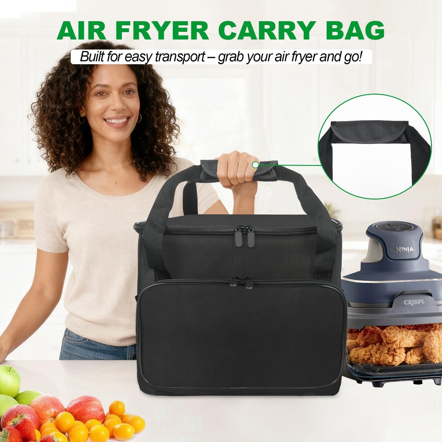 NUENSS-ROR Carrying Bag for Ninja Crispi 4-in-1 Portable Glass Air Fryer FN101GY - Cover for Ninja Crispi Air Fryer - Portable Waterproof Carry Case with Aluminum foil lining & Accessories Pocket