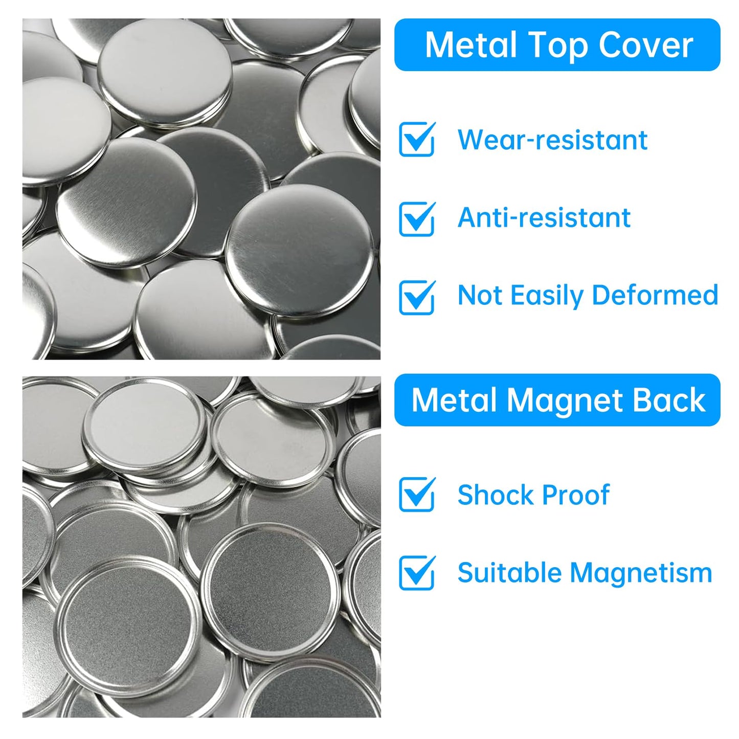 100 Sets Button Maker Supplies 58mm/2.25in，Button Parts for Fridge Magnet Button Maker Machine，Including Metal Cover, Metal Back Cover, Clear Film, Blank Paper, Soft Magnet