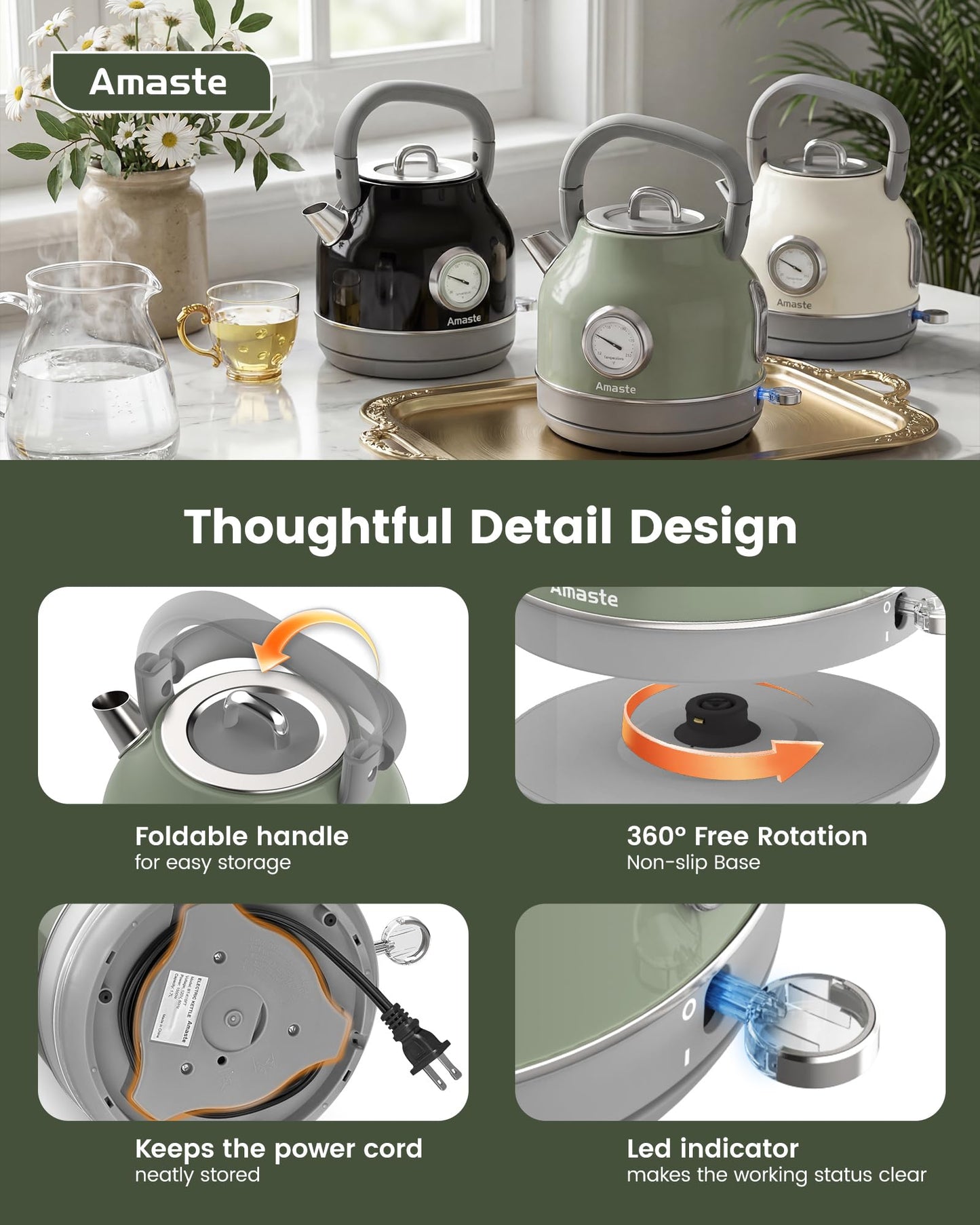 Amaste Electric Kettle, Retro Electric Tea Kettle with Thermometer, 57 Oz Hot Water Kettle for Coffee & Tea, 304 Stainless Steel, 1500W Fast Boiling, Auto Shut-Off & Boil Dry Protection, Matcha Green