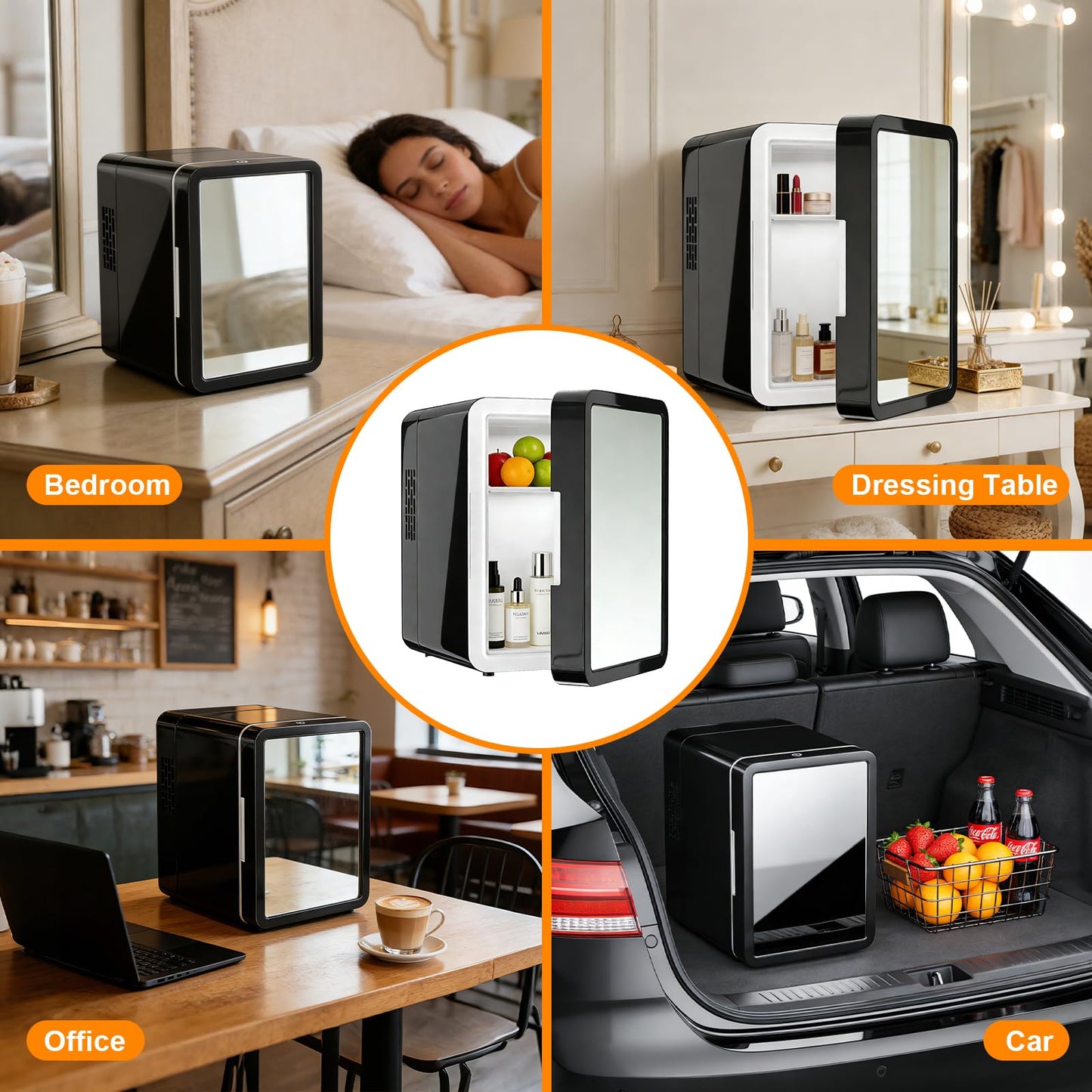VANZBON Mini Fridge, Mini Compact Refrigerator with Gaming Light, 4 Liter/6 Cans Small Refrigerator with Mirror Door, AC/DC Portable Mini Cooler and Warmer Fridge for Bedroom, Car and Gaming Room