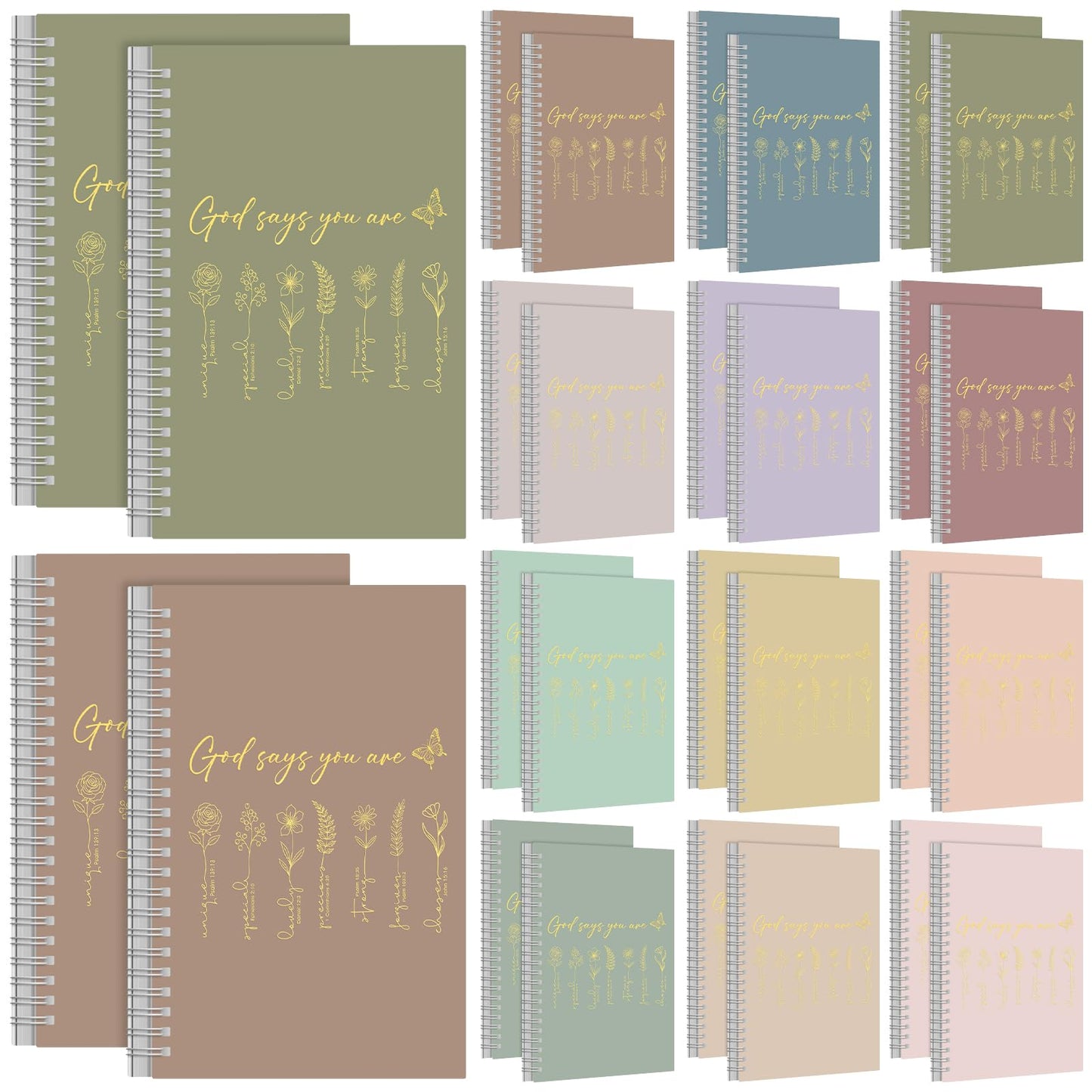 MotiMind 24 Pcs Floral Christian Spiral Notebook Set Christian Gifts for Women God Says You Are Bible Verse Inspirational Prayer Journal with Gold Foil Cover for Church 5.5" x 8.3" (Morandi)