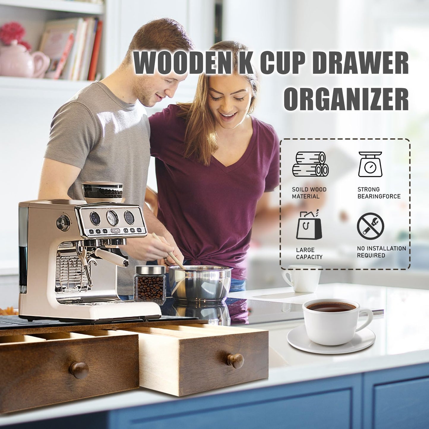 Lveesto Coffee Pod Holder Storage, Wooden K Cup Organizer for Countertop, K Cup Drawer and Tea Organizer for Counter, Coffee Station Organizer with Silicone Non-Slip Pad (30 Pod Capacity)