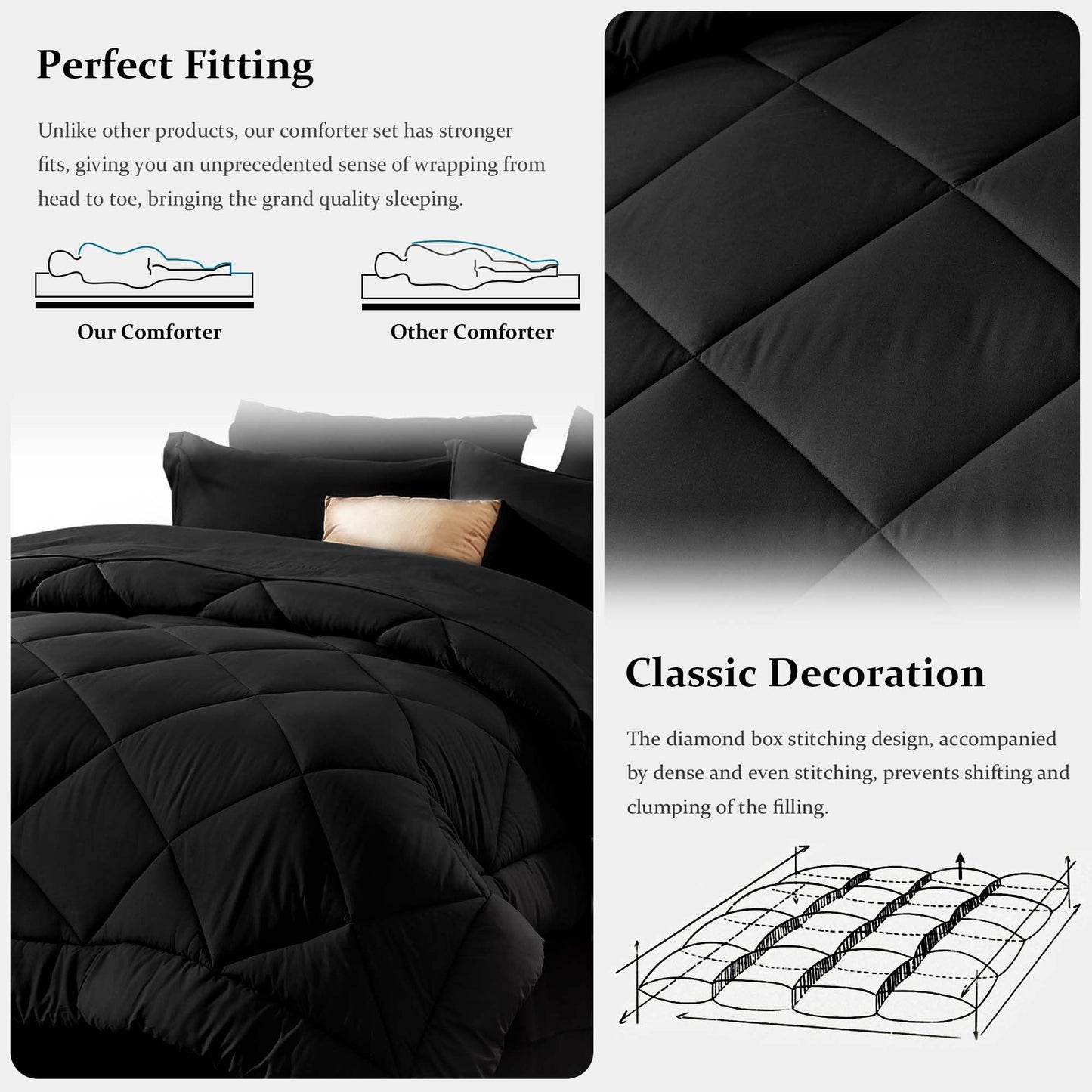 Newspin Queen Comforter Set Black - Bed in a Bag Queen Size 8 Pieces, All Season Bed Set, Fluffy Comforter Set with Sheets, Sheet Set Quilt Blanket, Pillowcases & Shams & Bed Skirt