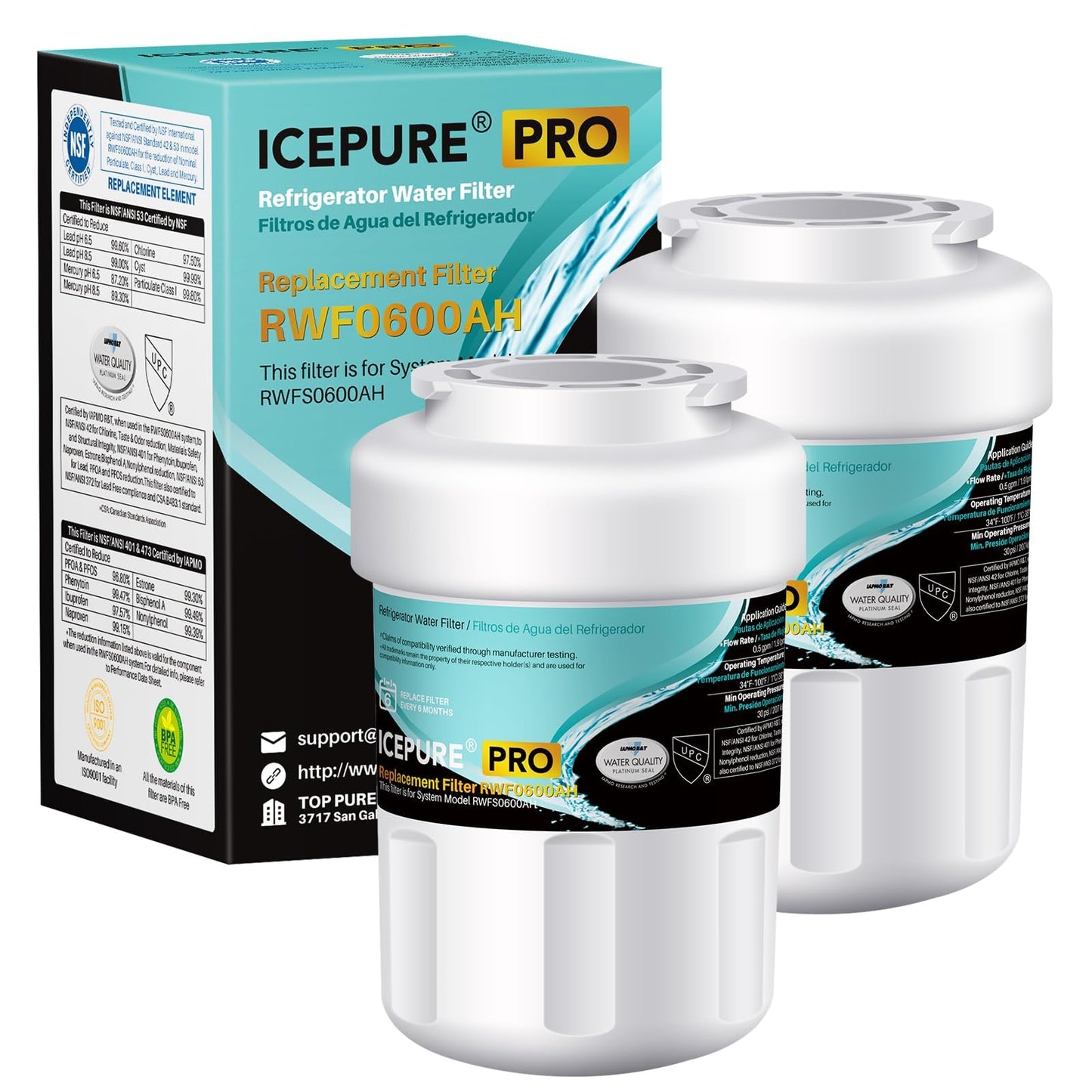 ICEPURE PRO RWF0600AH NSF/ANSI 401 NSF/ANSI 53 Certified Replacement For GE MWF Refrigerator Water Filter, MWFINT, MWFA, HDX FMG-1, GSE25GSHECSS, 46-9991, GSH25JSDDSS, GSHS6LGBBHSS, PC75009, 2PACK