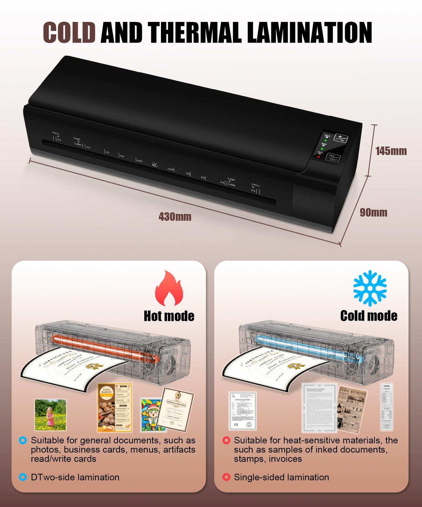 13 Inch Laminator Machine, A-3 9-in-1 Thermal Laminator with Sheets for Hot & Cold Laminating Machine, Features Fast 60-Sec Warm Technology and Never-Jam Design for Home,Office,or School Use (Black)