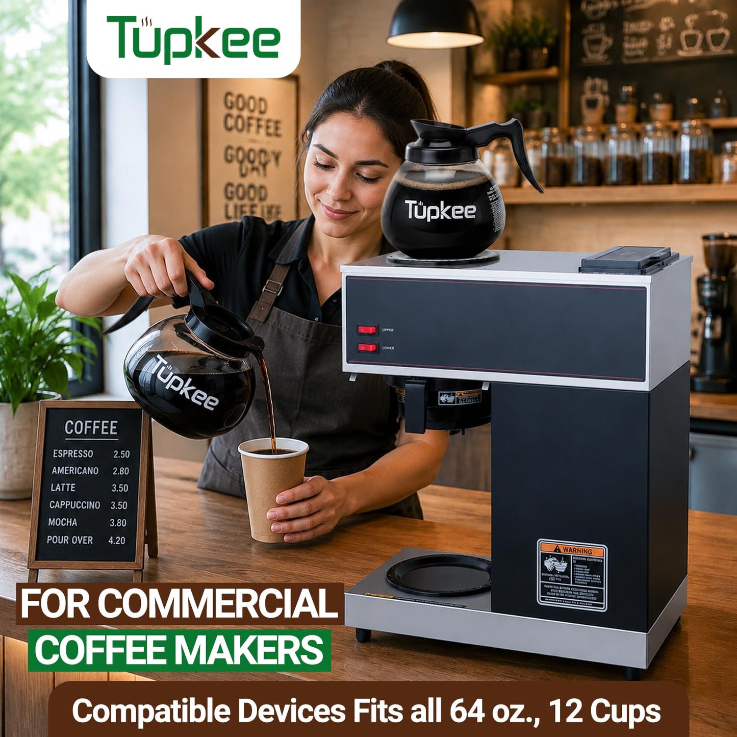 Tupkee Commercial Coffee Pot Replacement - SHATTER-RESISTANT Restaurant Glass Decanter Carafe - 64 oz 12 Cup, Black Handle/Regular, Compatible with Wilbur Curtis, Bloomfield, Bunn Coffee Pot