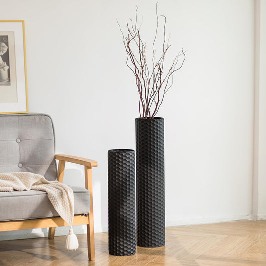 Sziqiqi Black Cylinder Tall Floor Vase: 27.6/21.7in Metal Extra Large Decorative Vase Set of 2 Living Room Modern Honeycomb Texture Big Standing Vase for Dining Bedroom Home Corner Indoor Office