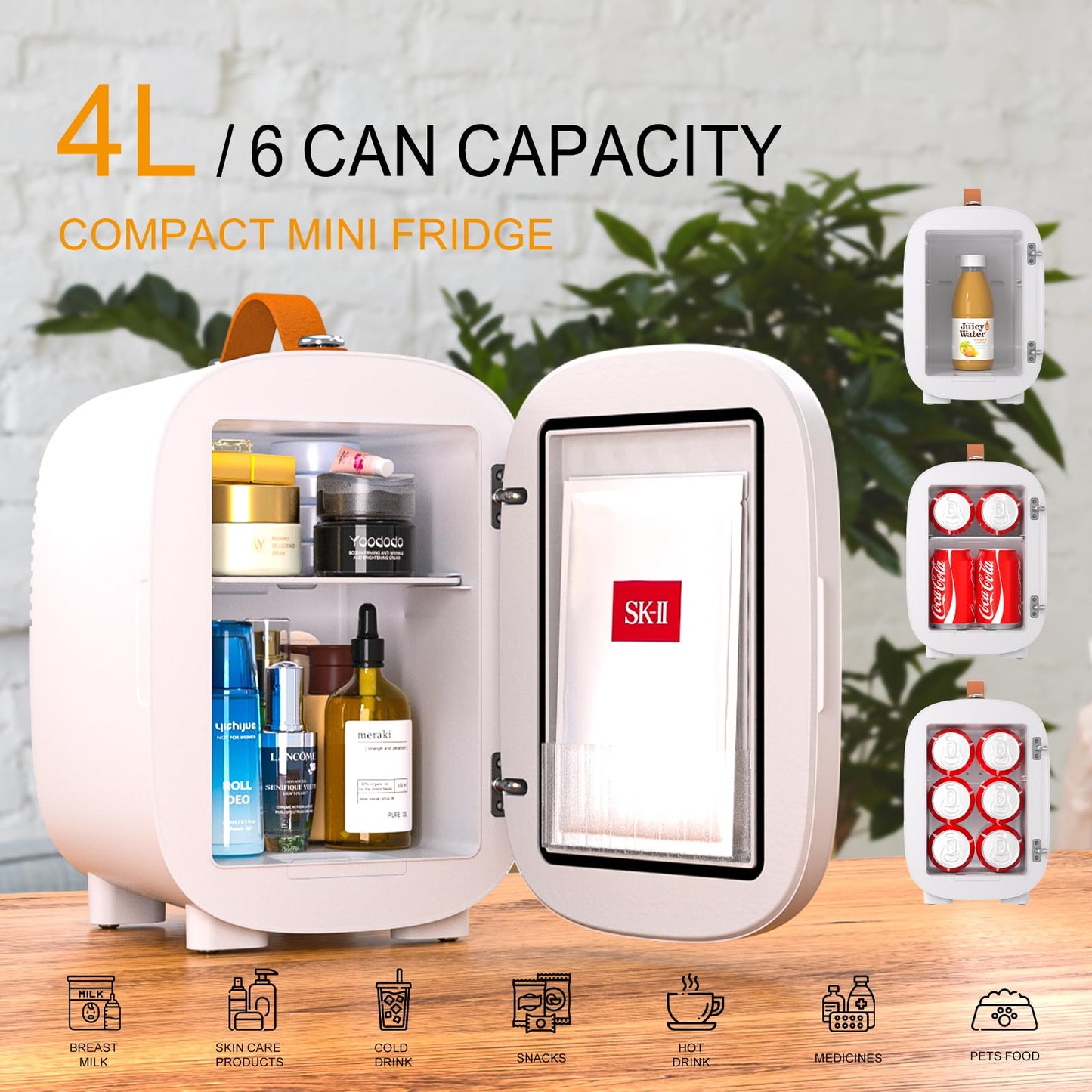 Hansburg Mini Fridge for Bedroom Mirror Skincare Cooler & Warmer Portable Small Refrigerator 4 Liter/6 can with 12v AC/DC/USB Option for Food, Drinks, Makeup, Dorm, Office and Car