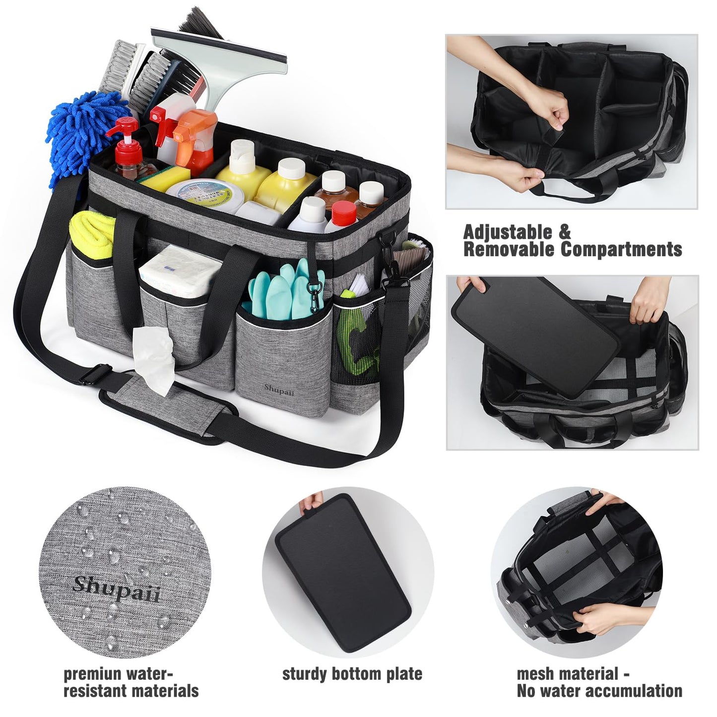 Shupaii Wearable Cleaning Caddy Bag, Cleaning Caddy Supplies Organizer with Handles for Cleaners & Housekeeper, Under Sink & Car Cleaning Tool Organizers Bag with Adjustable Shoulder Strap&Waist Belt