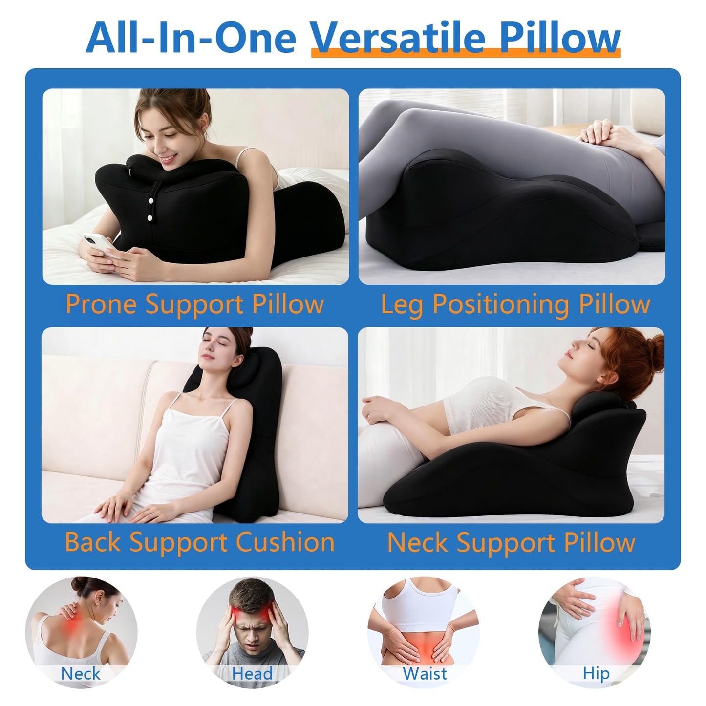 KUYOVORA Memory Foam Wedge Pillow, Ergonomic Contoured Intimacy Couples Pillow, 27° Angled Neck Support Pillow Back Support Cushion, Multi-Functional Bed Position Pillow with Removable Cover Black