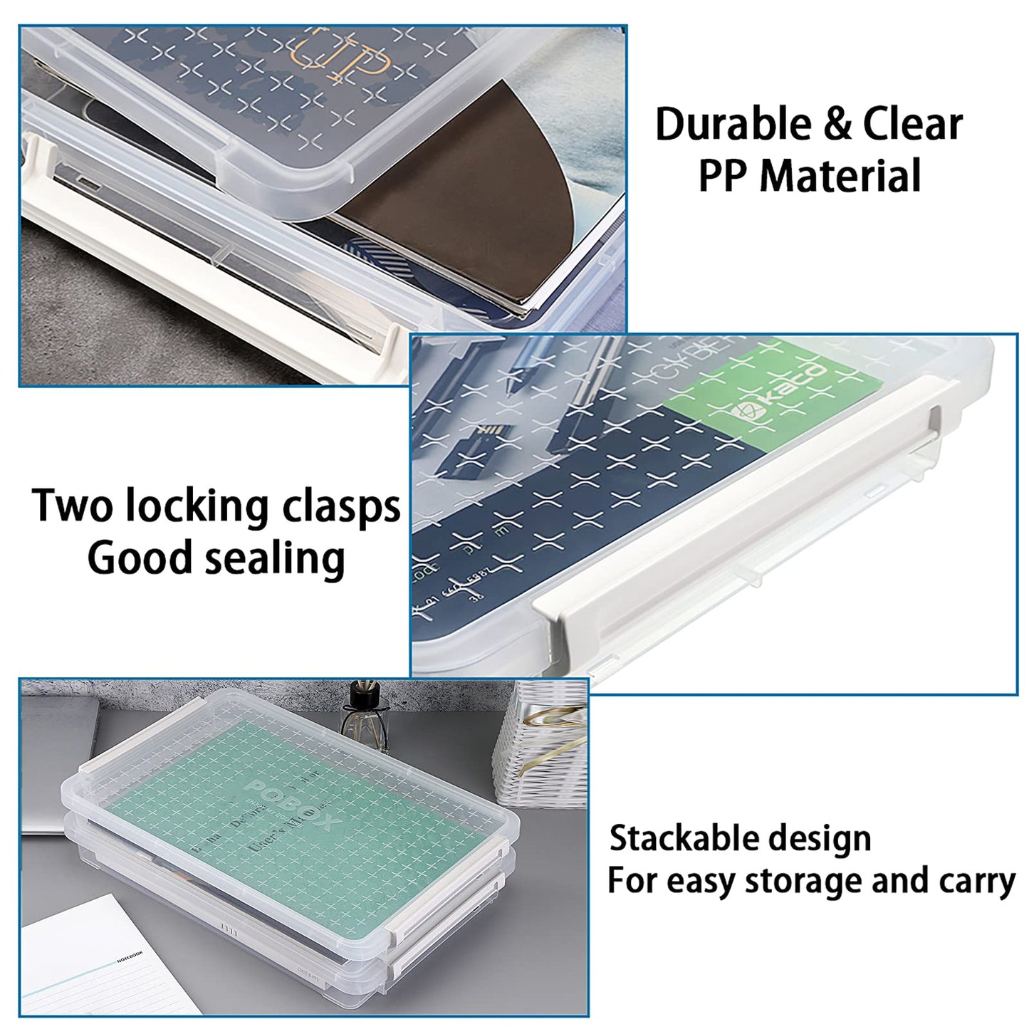 BTSKY 4 Pack A4 Plus Clear Plastic Stackable Storage Box Desk Paper Magazine Container with Buckle, Office Supplies Accessories File Protector Case Organizer, Portable Project Case Document Holders