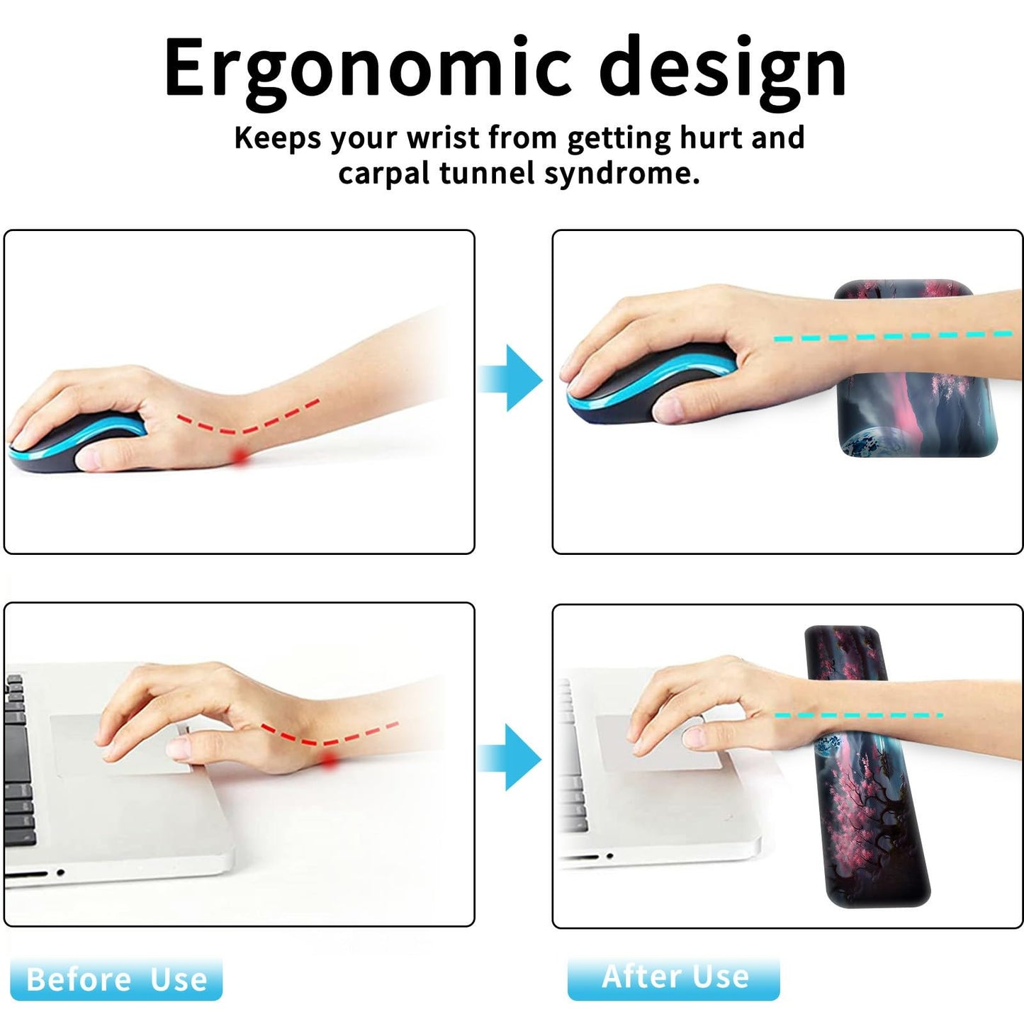 Large Gaming Mouse Pad+Memory Foam Ergonomic Keyboard Wrist Rest Support+Wrist Rest+Coaster, Extended Desk Pad Set, Stitched Edge Non Slip Desk Mat 4PC for Office & Home, Moon Cherry Blossom