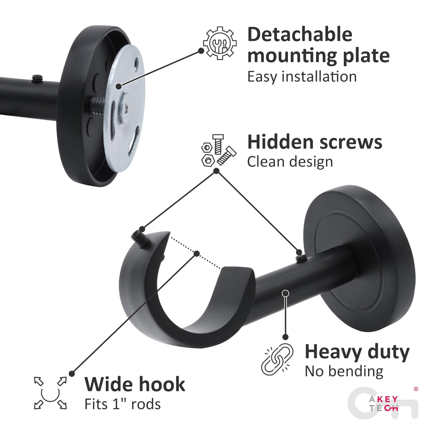 Heavy Duty Curtain Rod Brackets for Wall & Ceiling Installation, 2 Pack Ceiling Mount Curtain Holders, Hardware Bracket Set for 1 Inch Rods, Black Finish