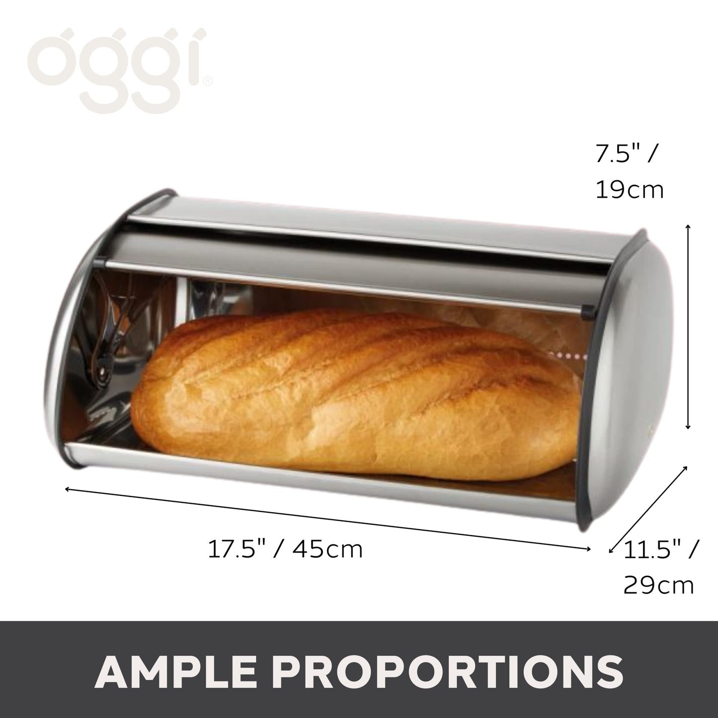 Oggi Stainless Steel Roll Top Bread Box for Kitchen Countertop with Stainless Steel Lid - Fits Multiple Large Loaves of Bread and Other Freshly Baked Goods Including Cookies, Bagels, Muffins