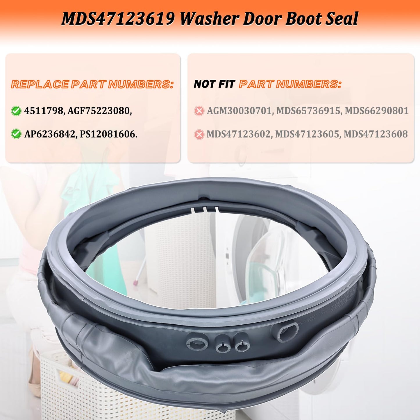 Upgraded MDS47123619 Washer Door Boot Seal for LG WM3080CW/00 WM3180CW/00 WM3270CW/00 WM3500CW/00 WM3670HVA/01 WM3700HVA/00 WM3700HWA/00 Washing Machine Door Gasket Replaces AGF75223080, PS12081606
