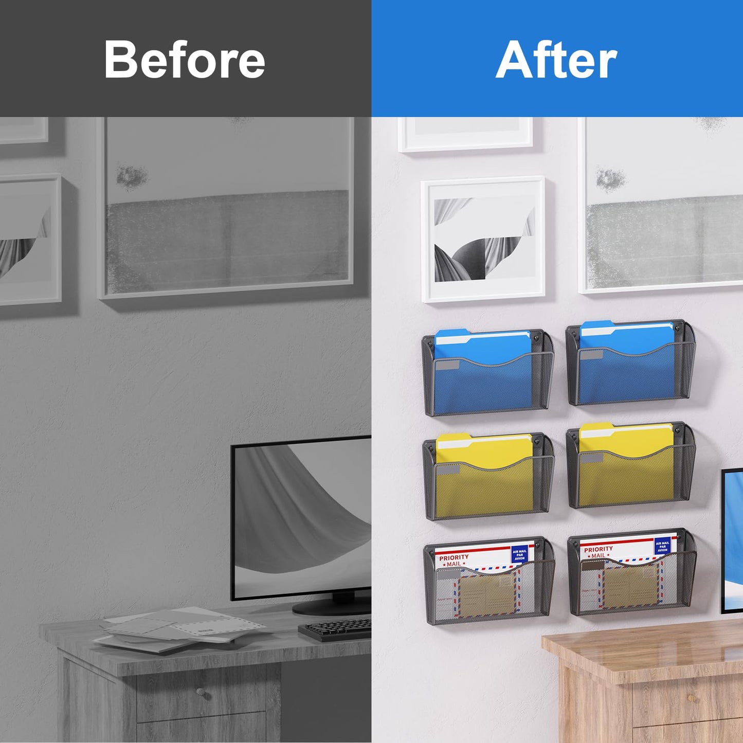 samstar 6 Pack Magnetic File Holder, Mesh Wall File Organizer File Pocket Mail Organizer Paper Folder Holder for Office/Home, No Drilling(Magnetic)
