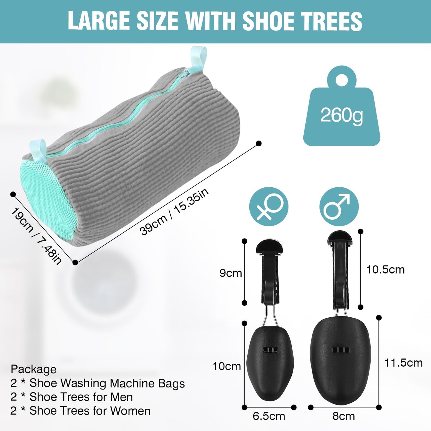 2 Pcs Shoe Washing Machine Bags with 4 Adjustable Shoe Trees, XXL Laundry Bags for Washer and Dryer, Sturdy Zipper with Hook Design, Reusable Cleaning Bag for Sneaker, Tennis (Gray)