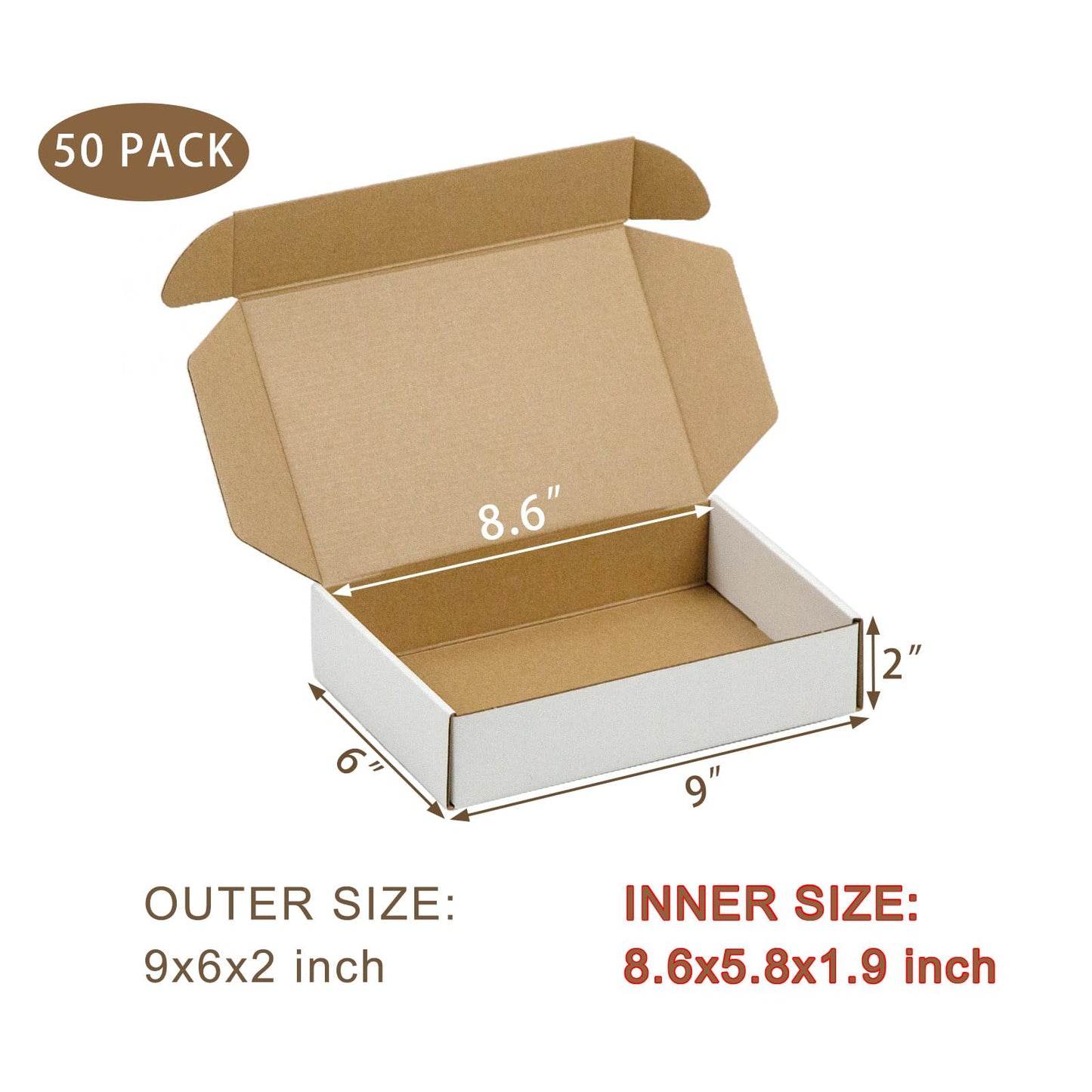 SUNLPH 50 Pack 9x6x2 Inches Small Shipping Boxes, White Corrugated Cardboard Boxes, Moving Mailing Packing Box