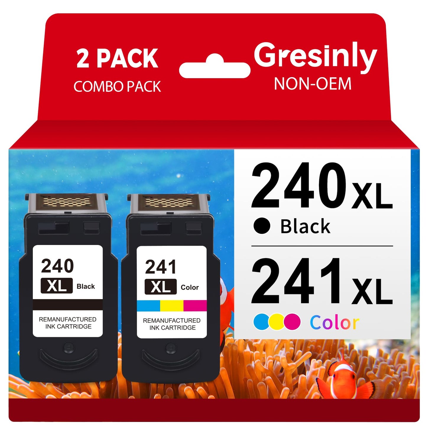 GRESINLY PG-240 XL/CL-241 XL Ink Cartridges Replacement for Canon 240XL 241XL Combo Pack 240 241 for Canon PIXMA MG3620 TS5120 MG3520 MG3600 MG3220 MX472 Printer (1 Black, 1 Tri-Color, 2 Pack)