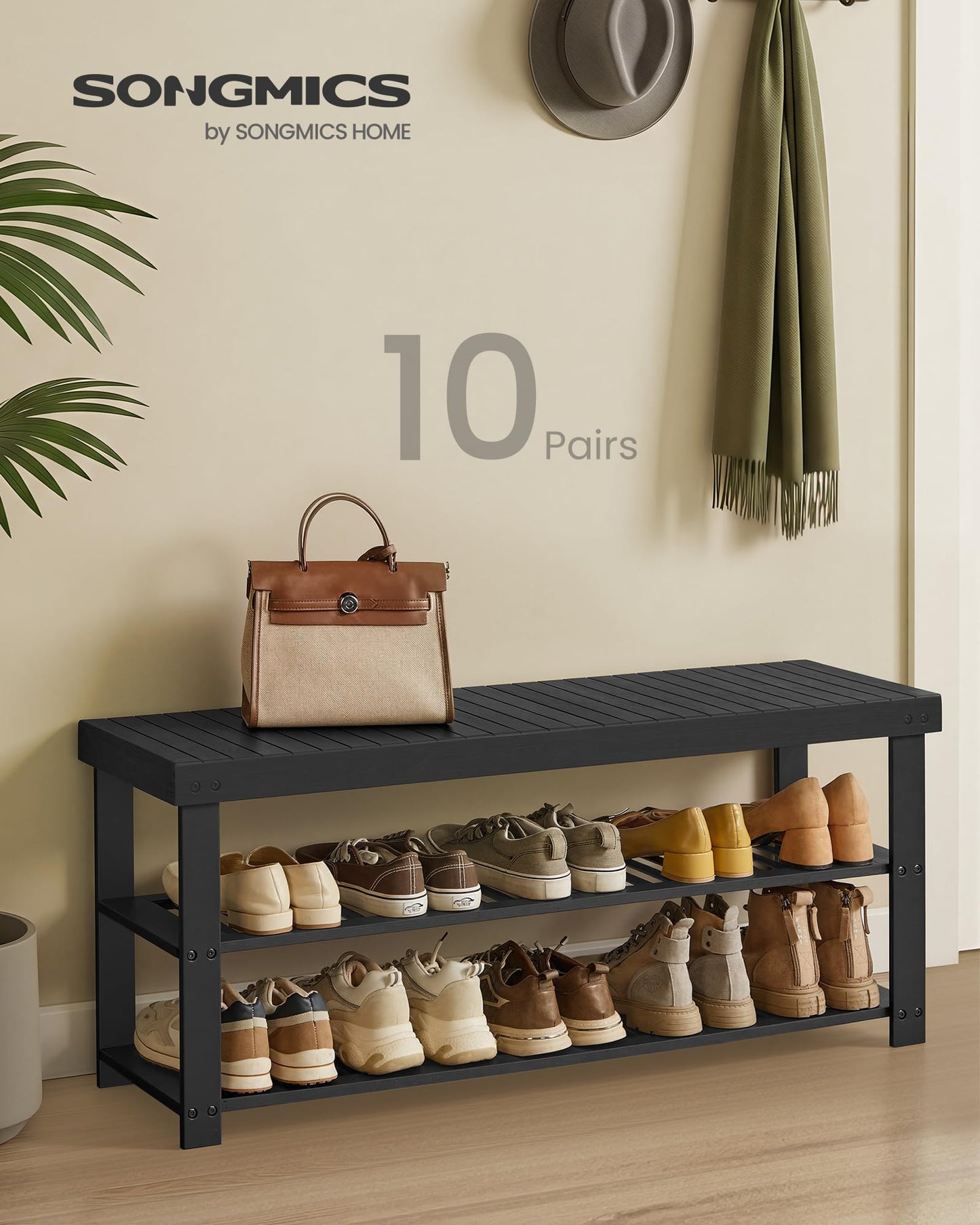 SONGMICS Shoe Rack Bench, 3-Tier Bamboo Shoe Storage Organizer, Entryway Bench, Holds Up to 286 lb, 11.3 x 42.9 x 17.8 Inches, for Entryway Bathroom Bedroom, Ink Black ULBS110B101
