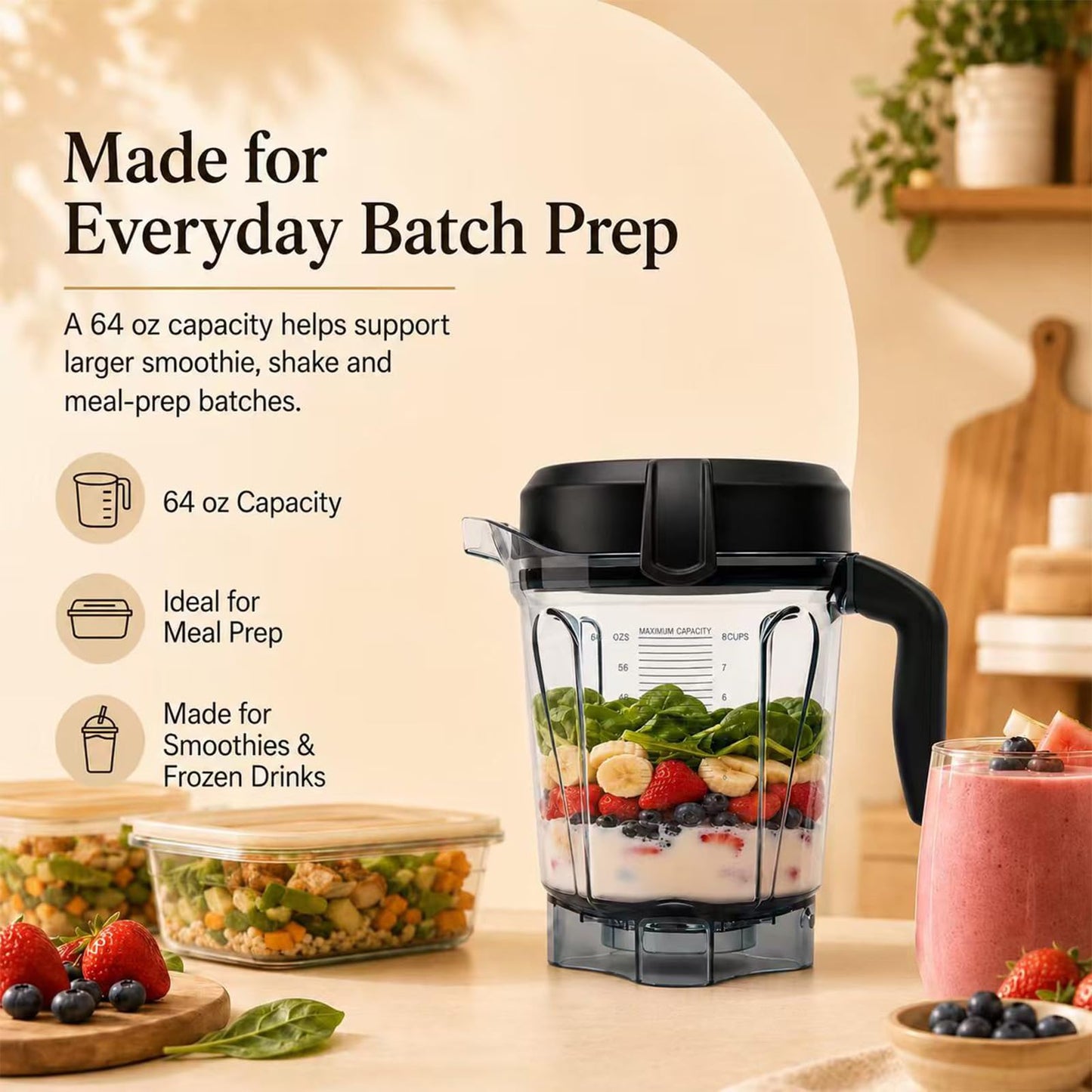 Blender Pitcher 64oz Low-Profile, Compatible with 750, 5200, 5000, 6300, 7500, Vm0102, Vm0103, Vm0197, E310 Classic/Explorian/Commercial Series etc Container Jar Cup