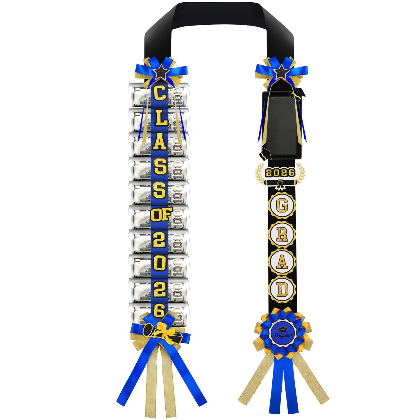 Phoncoo 2026 Graduation Money Lei with Cash Holder, DIY Graduation Ribbon Leis Class of 2026 with Felt Photo Frame for High School College Grad Party Gifts Supplies (Blue)