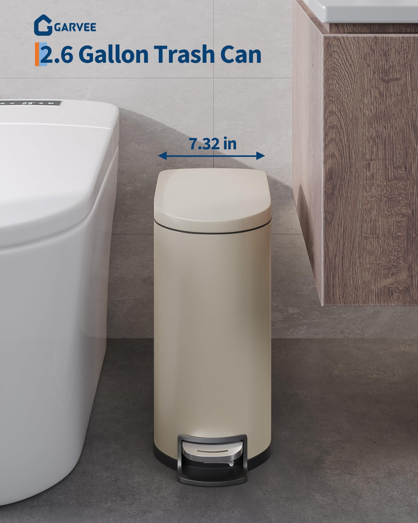 Garvee 2.6 gal / 10 L Metal Bathroom Trash Can with Lid, Slim Waterproof Garbage Can for Bedroom, Small Step-on Trash Bin with Inner Bucket, Rear Handle, Soft Close Lid, Sand Beige