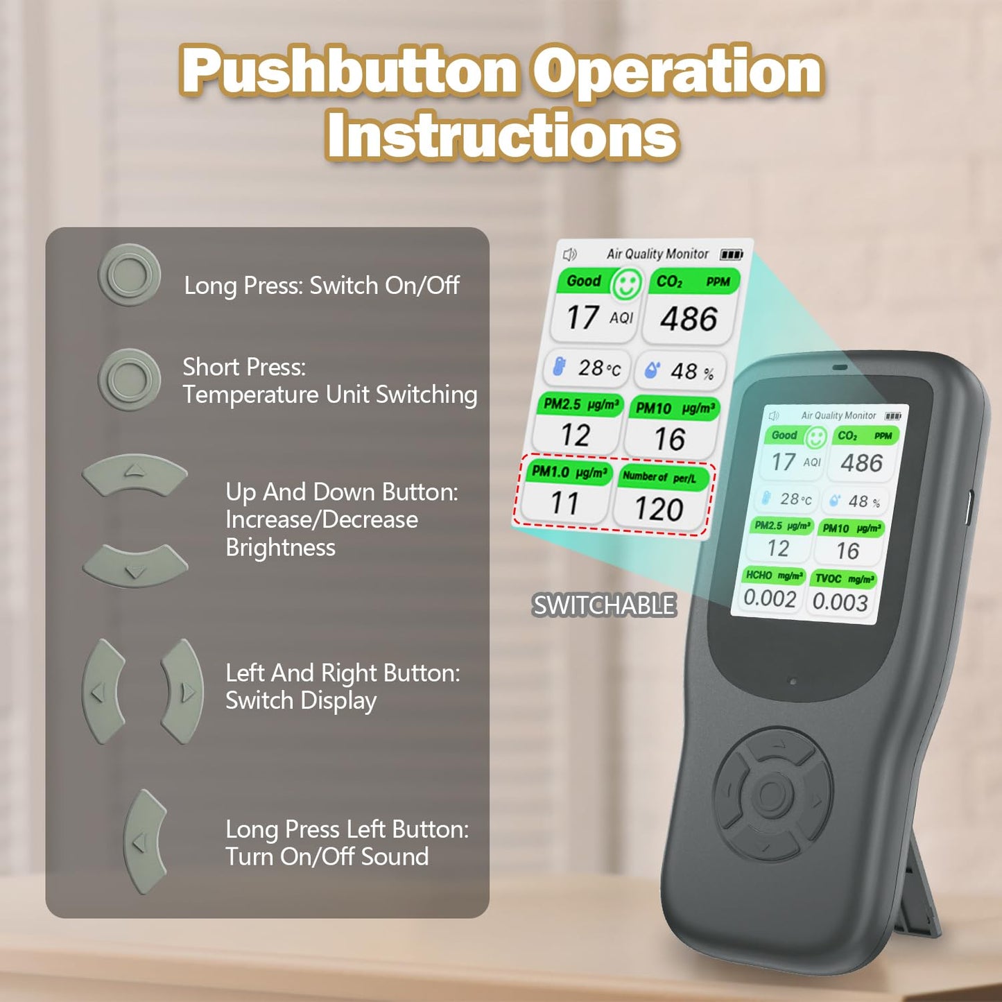 11-in-1 Air Quality Monitor - Portable Indoor Air Quality Detector with Stand, Real-Time Test for AQI, CO2, PM2.5, PM1.0, PM10, TVOC, HCHO, Particles, Temperature & Humidity with Aler (Black-White)