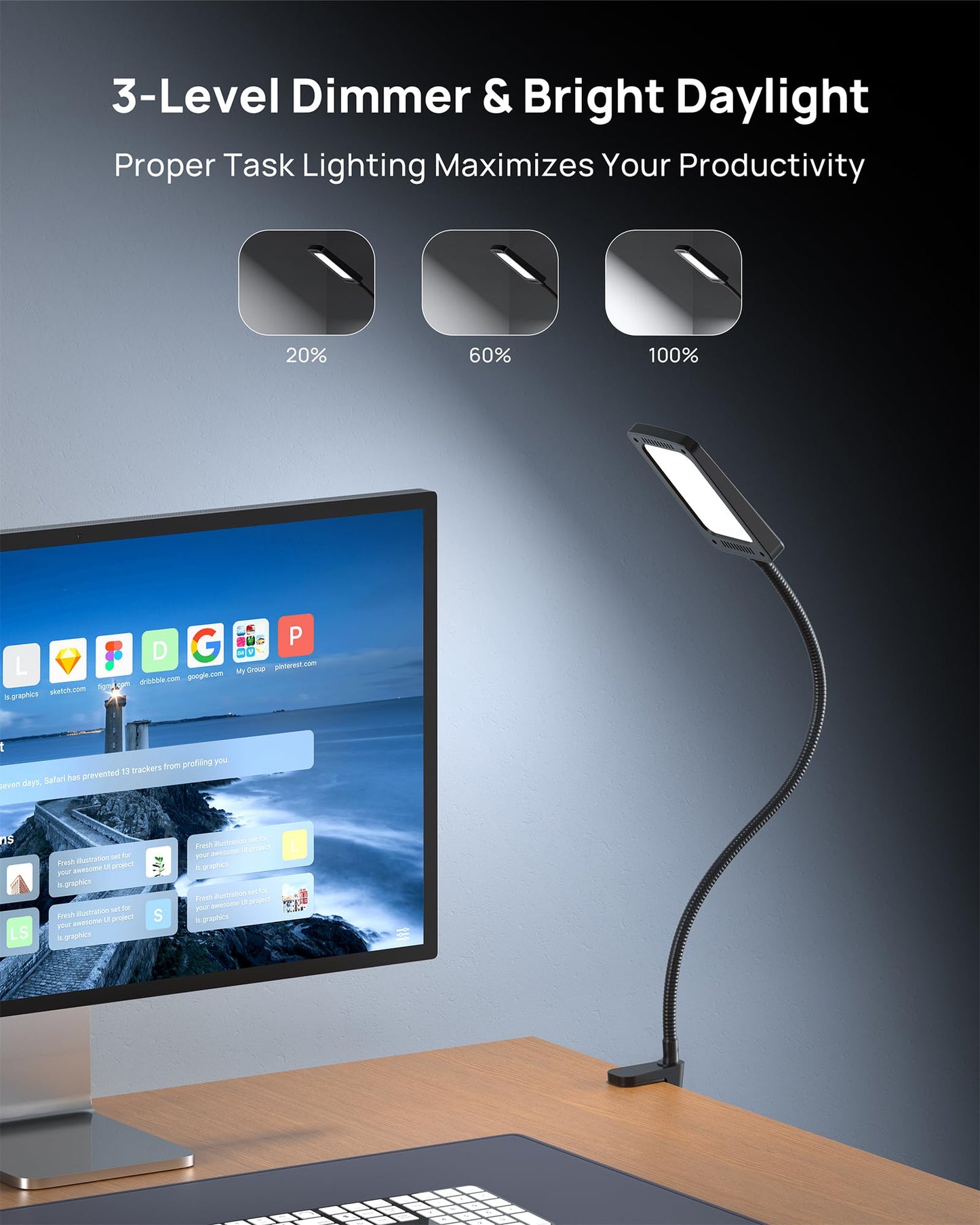 TROND LED Desk Lamp with Clamp, 1000LM Super Bright 3-Level Dimmable Desk Light 6000K Daylight, Extra-Long Flexible Gooseneck Clip on Light, Eye-Care Clamp Lamp for Painting, Workbench,Reading