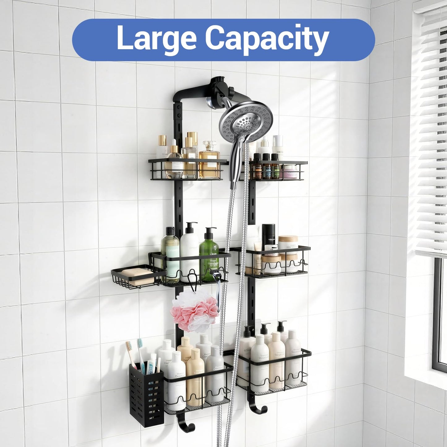 Marovitax Extra Large Shower Caddy Hanging, Rust-Resistant Shower Organizer Hanging, 3 Tier Height-Adjustable Over the Head Caddy, Rack with Soap Basket (Black)
