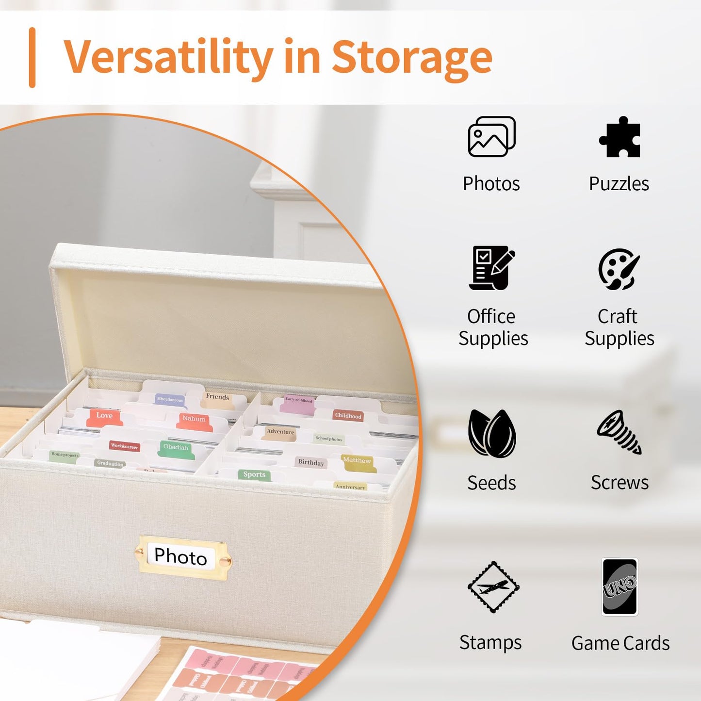 Aokeyee 2PC Photo Storage Box - Decorative Linen Memory Organizer for 4x6 Pictures, Keepsake Box with Dividers & Labels, Holds 1700+ Photos