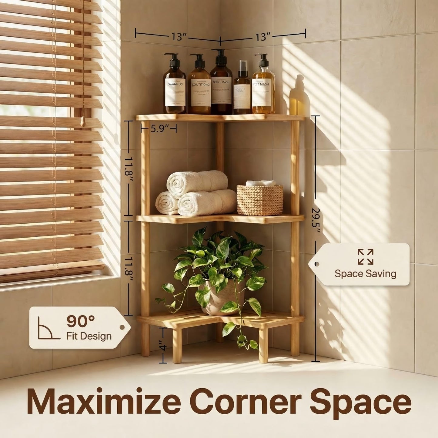 JEDULAR Bamboo Corner Shower Caddy Stand 3-Tier, Standing Shower Organizer with Anti-Slip Feet, Waterproof & Durable Bathroom Shower Shelf, Space-Saving Design Storage for Kitchen or Living Room