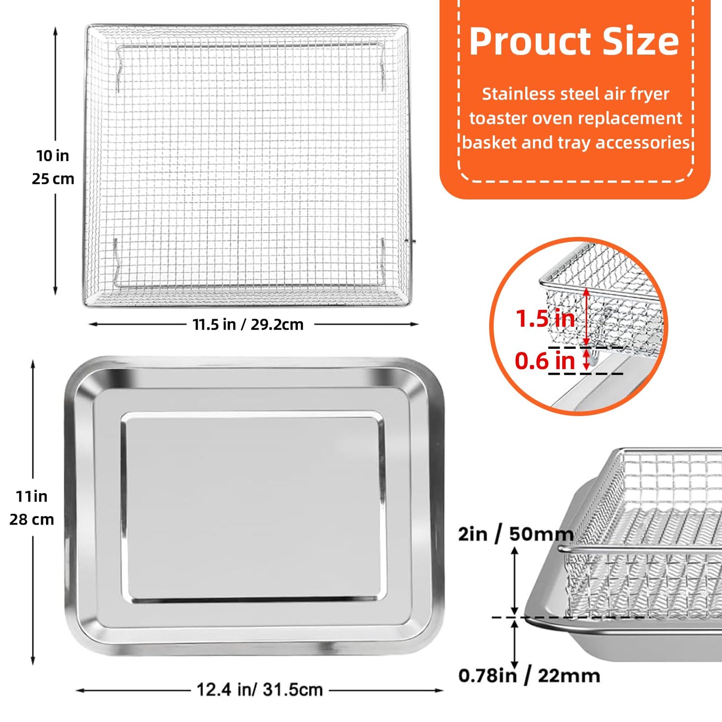 2 Set Oven Air Fryer Basket and Tray Replacement for Cuisinart Air Frye TOA-060 and TOA-065 Convection Oven, 12.4"x11" Stainless Steel Baking Sheet Pans and Mesh Basket, NonStick