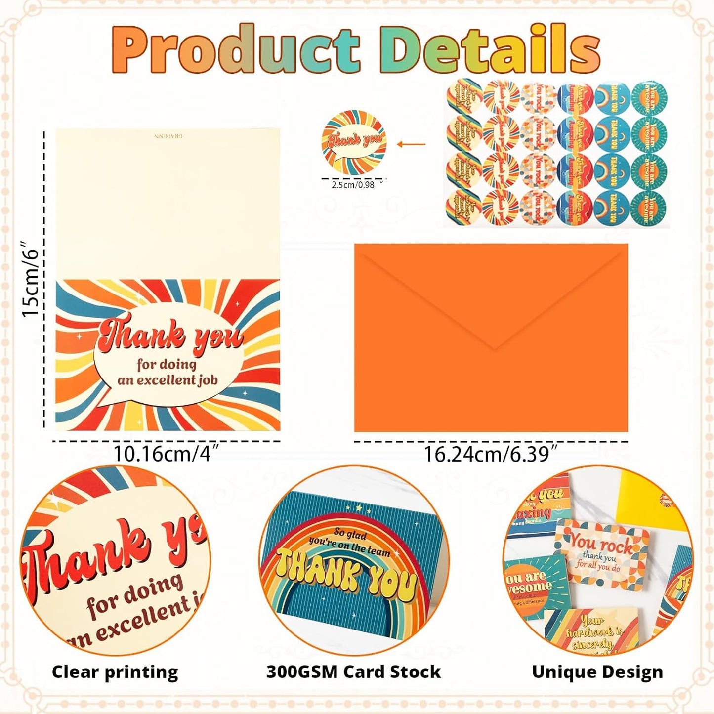 GRADESIN 96 Pack Employee Appreciation Thank you Cards for Coworkers with Envelopes & Stickers 4" x 6" Staff Appreciation Cards Gifts for Work Anniversary, 6 Designs