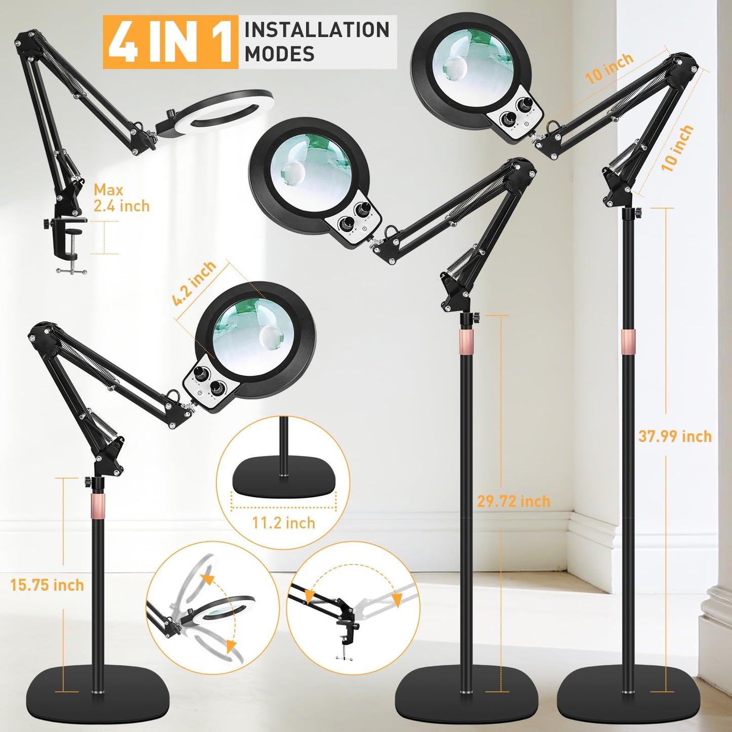 KMDES 30X 12X Magnifying Floor Lamp, 2 in 1 Magnifying Glass with Light and Stand for Craft, Repair, Sewing, Workbench, Magnifier Light Dual Knob Stepless Brightness Color Modes & Adjustable Height