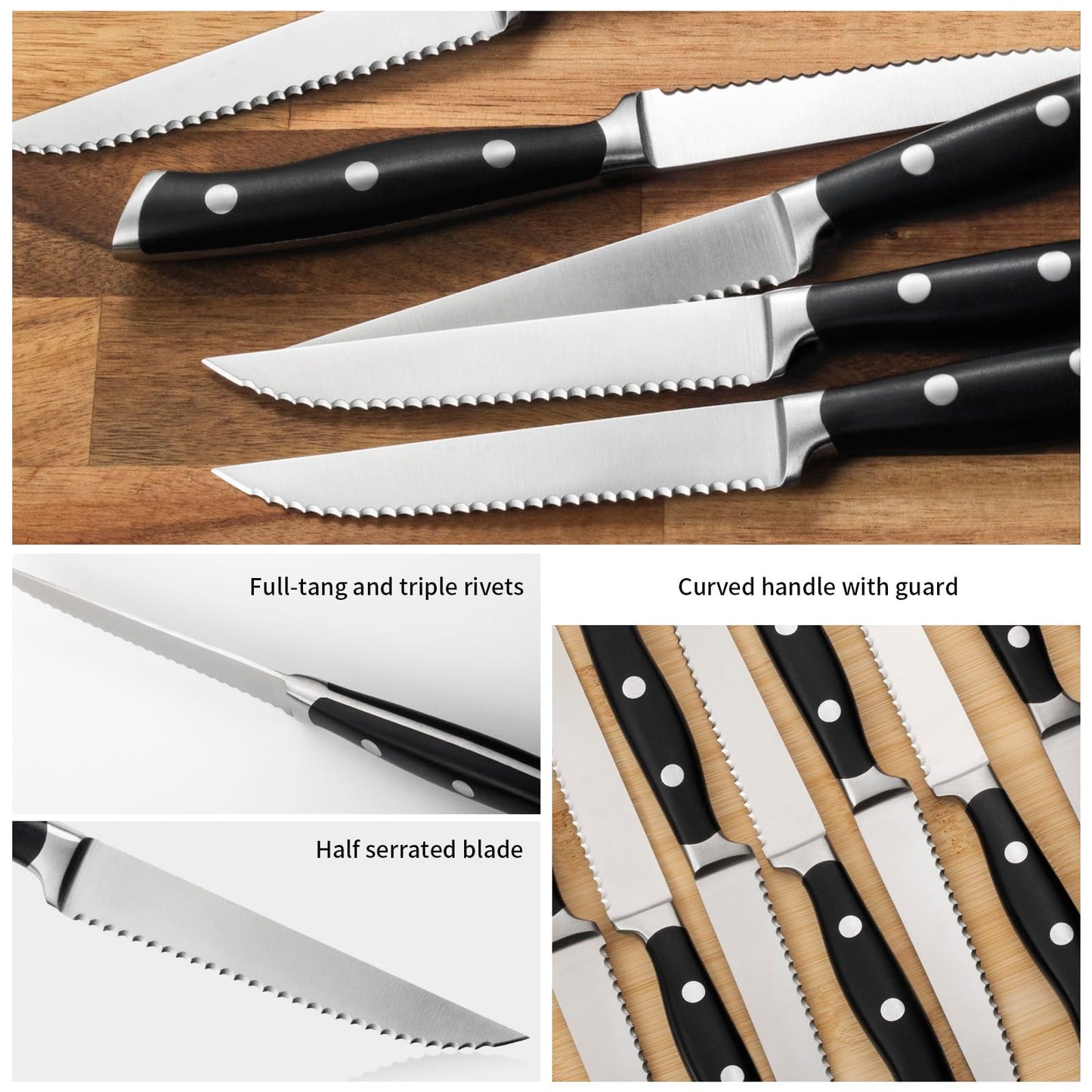Alata 8-Piece Steak Knives Set, 4.7 Inch with Serrated Edge Razor-Sharp Dinner Knives, Full-Tang Construction